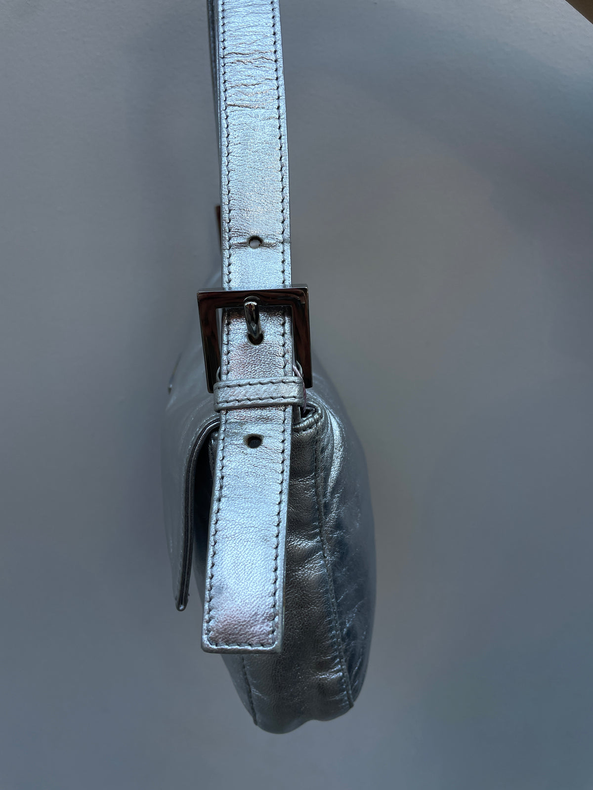 Fendi Y2K Silver Metallic Crystal Buckle Baguette Shoulder Bag