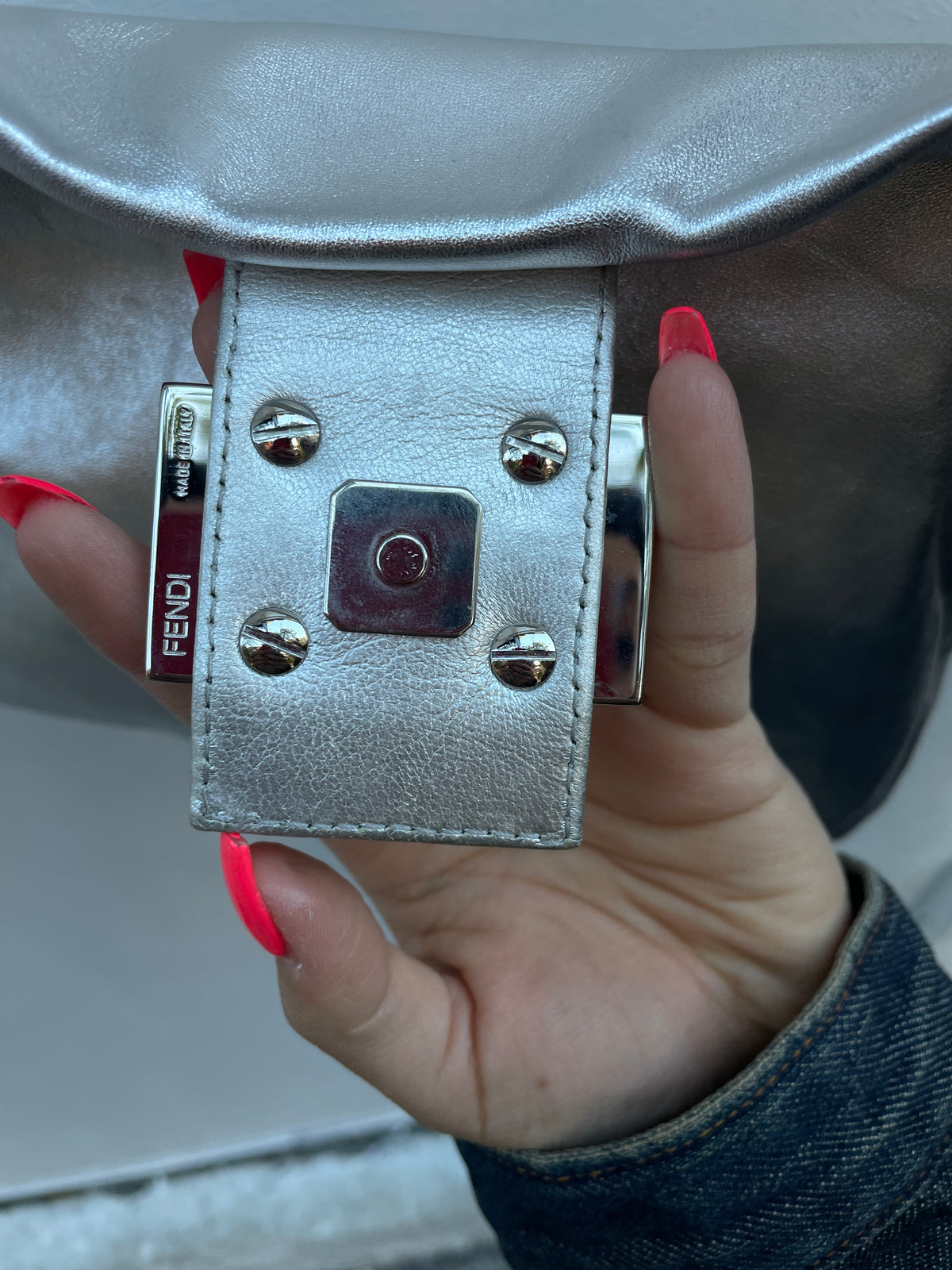 Fendi Y2K Silver Metallic Crystal Buckle Baguette Shoulder Bag