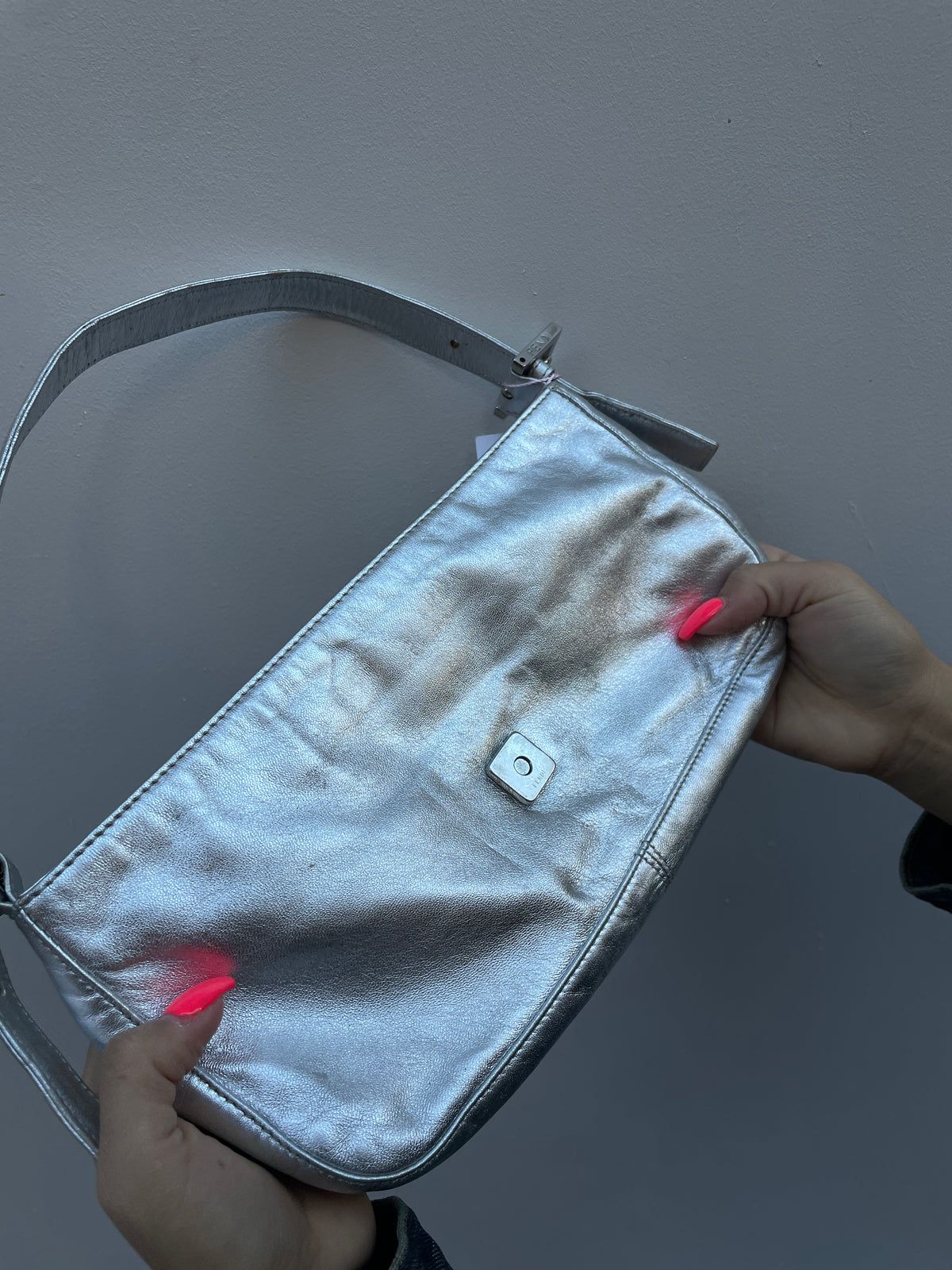 Fendi Y2K Silver Metallic Crystal Buckle Baguette Shoulder Bag
