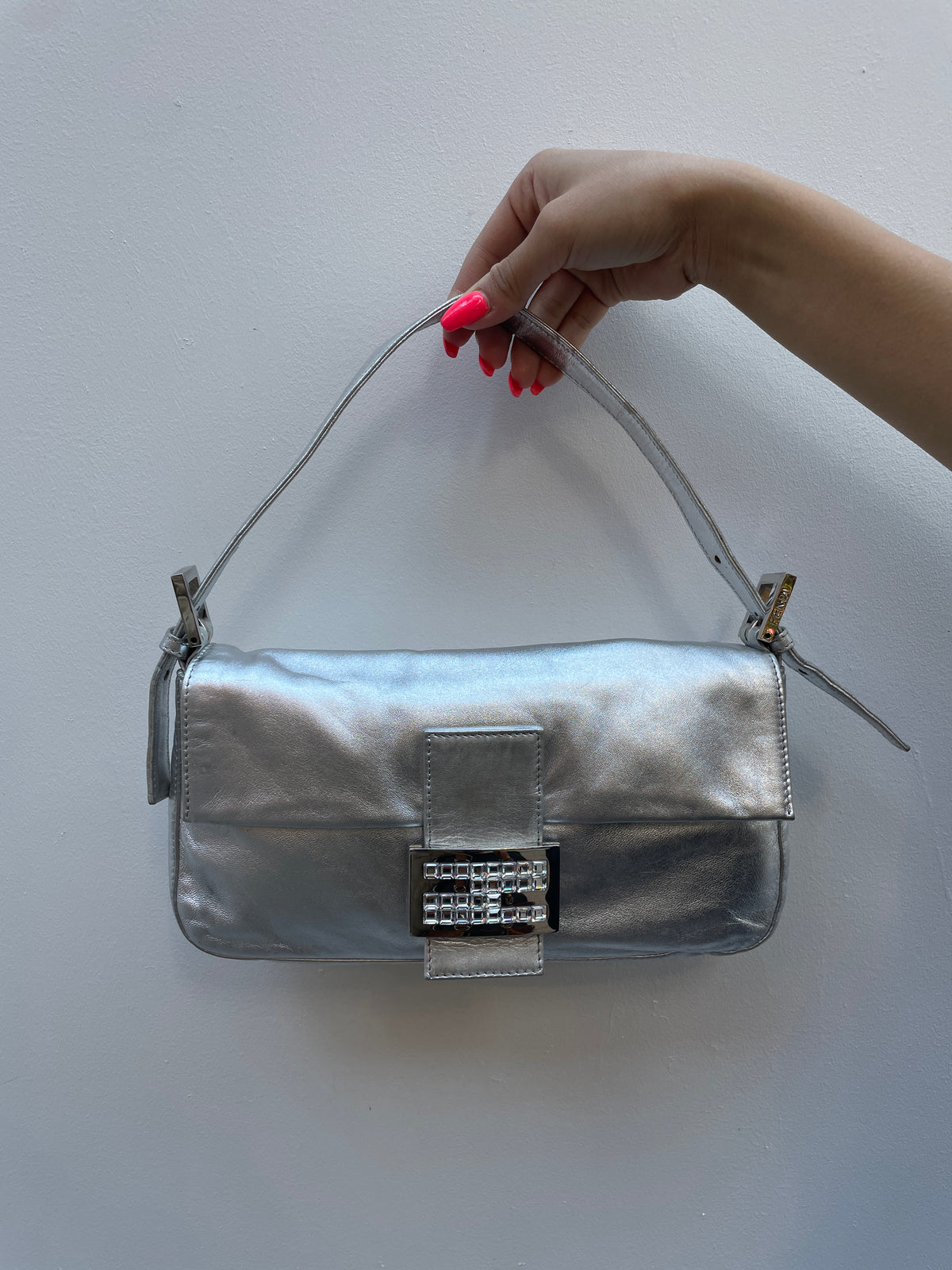 Fendi Y2K Silver Metallic Crystal Buckle Baguette Shoulder Bag