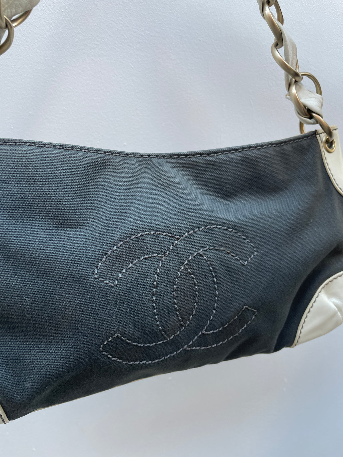 Chanel Y2K Black and White Leather Olsen Shoulder Bag
