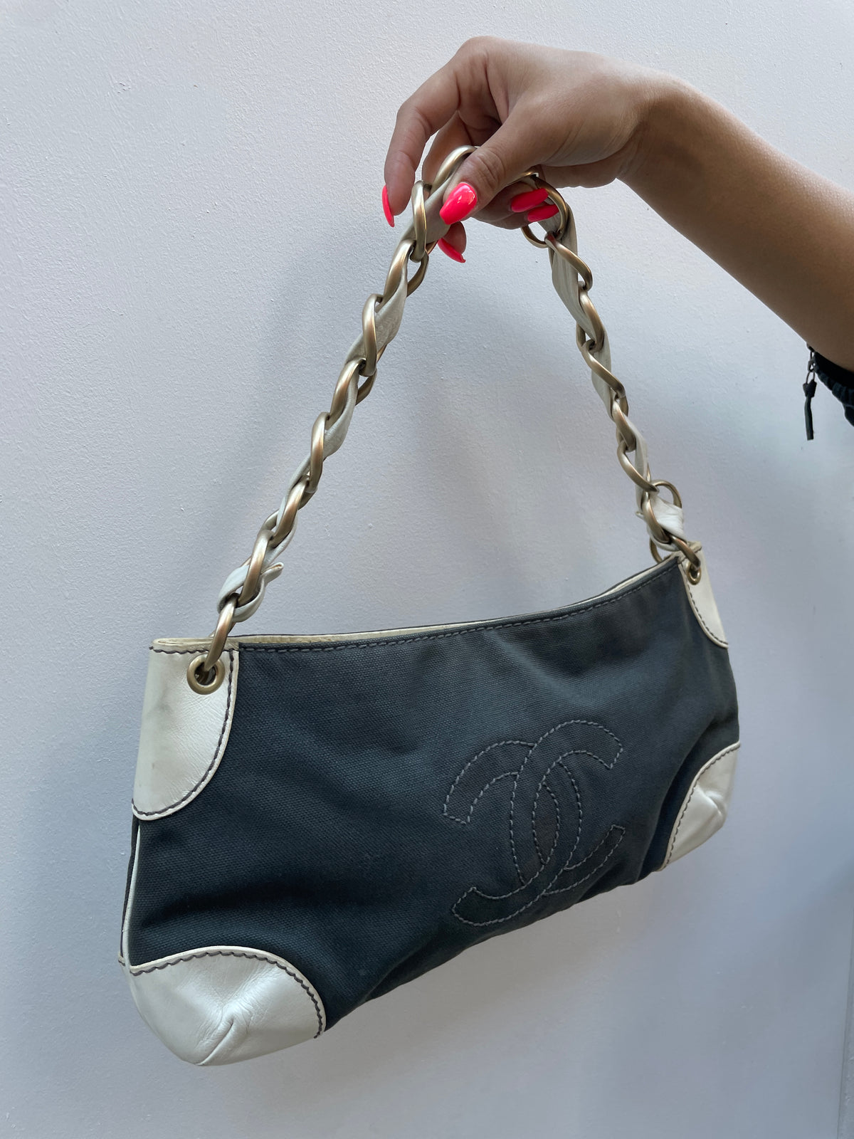 Chanel Y2K Black and White Leather Olsen Shoulder Bag