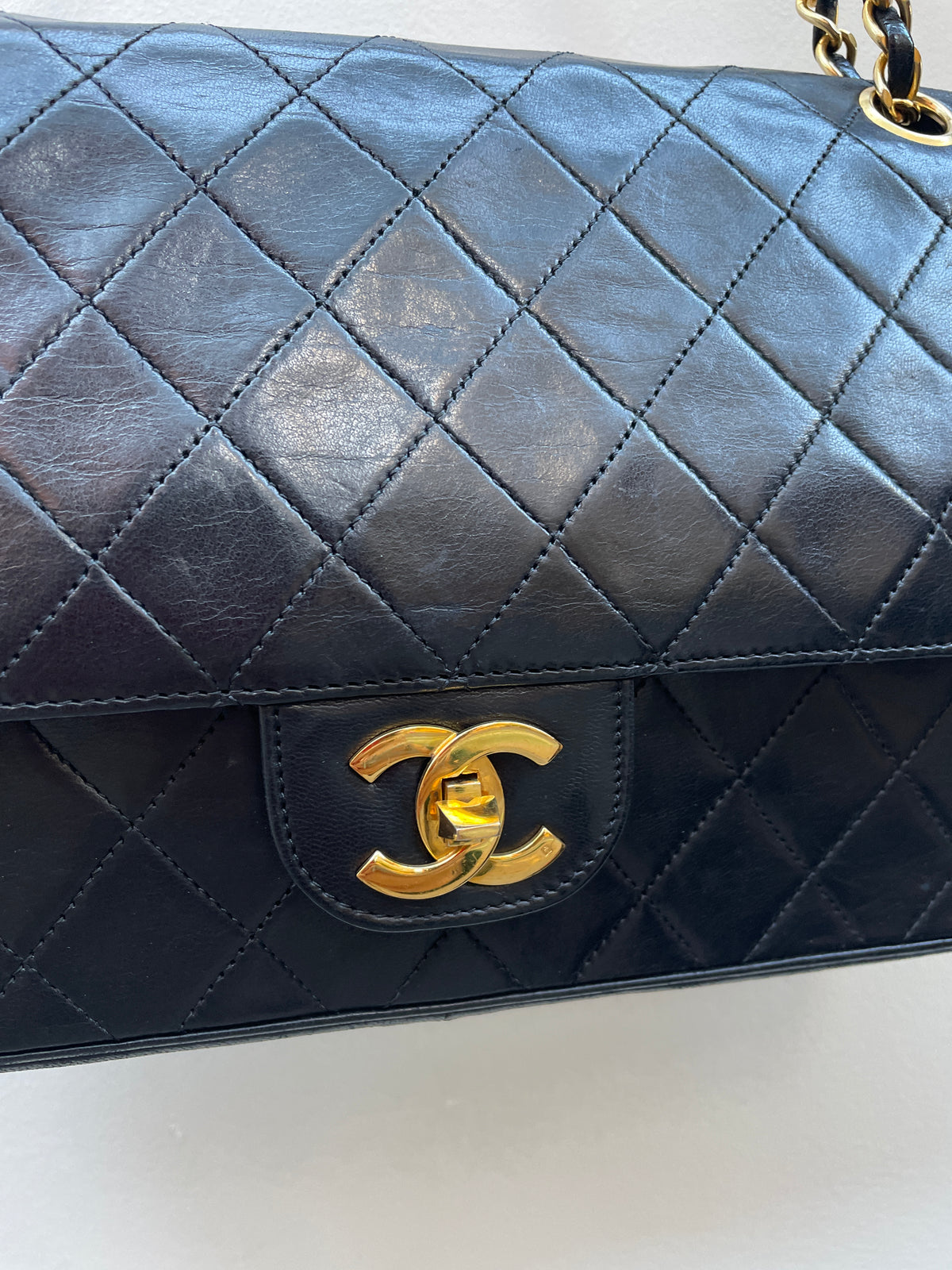 Chanel 1980s Black Lambskin Leather Classic Flap Bag with 24K Gold Plated Hardware