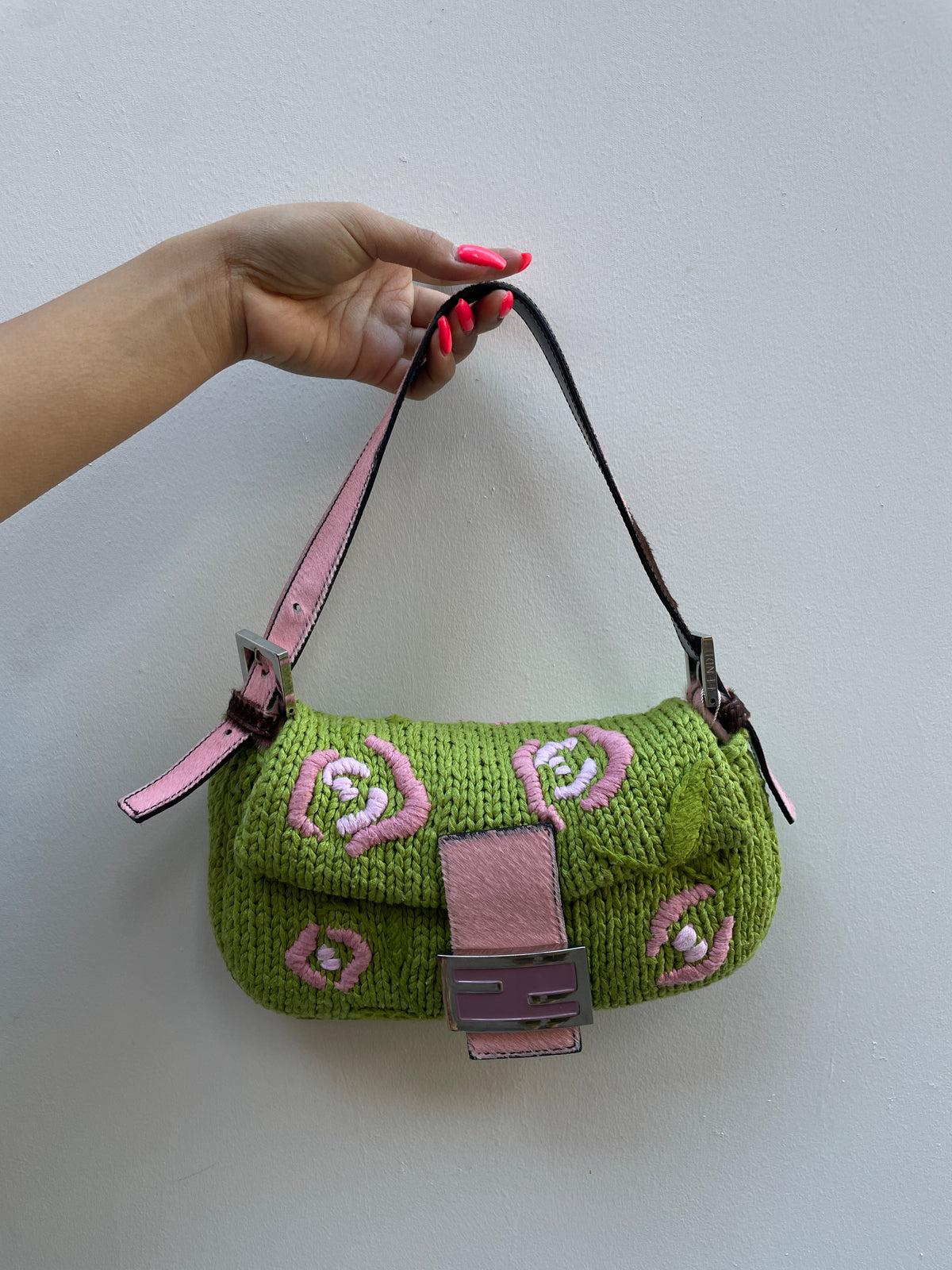 Fendi Y2K Green Wool Knit Pink Pony Hair Embroidered Baguette Shoulder Bag