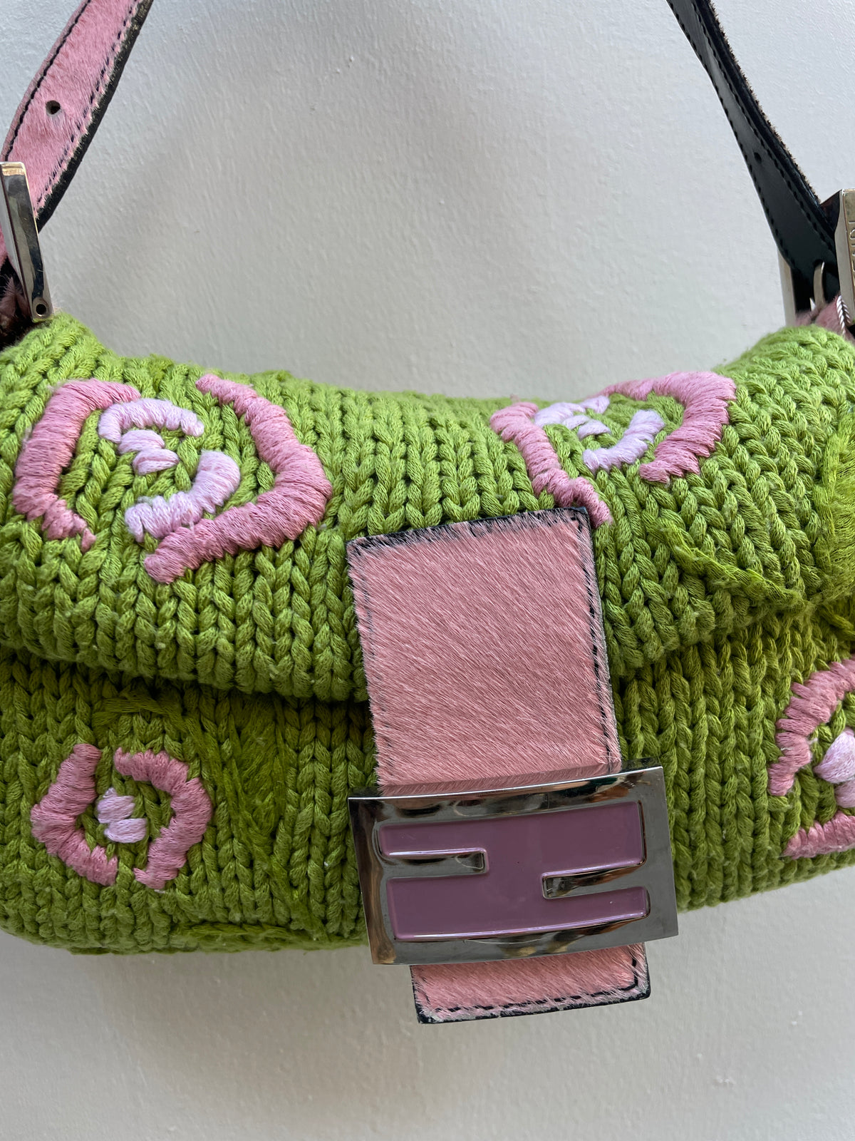 Fendi Y2K Green Wool Knit Pink Pony Hair Embroidered Baguette Shoulder Bag