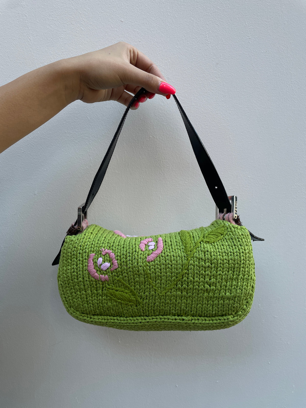 Fendi Y2K Green Wool Knit Pink Pony Hair Embroidered Baguette Shoulder Bag