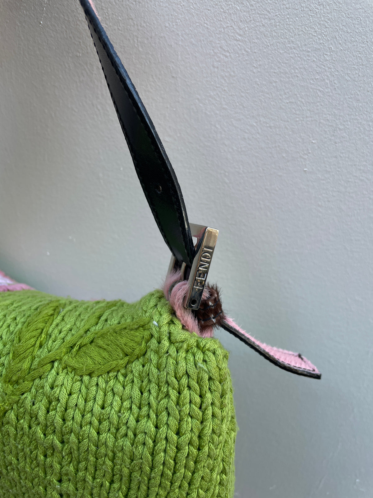 Fendi Y2K Green Wool Knit Pink Pony Hair Embroidered Baguette Shoulder Bag