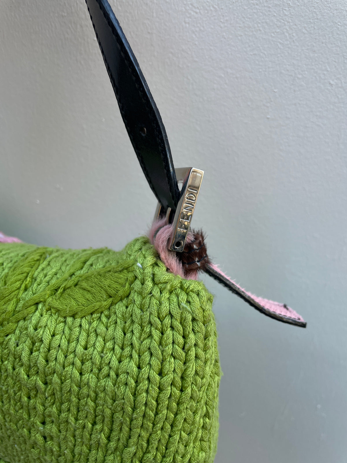 Fendi Y2K Green Wool Knit Pink Pony Hair Embroidered Baguette Shoulder Bag