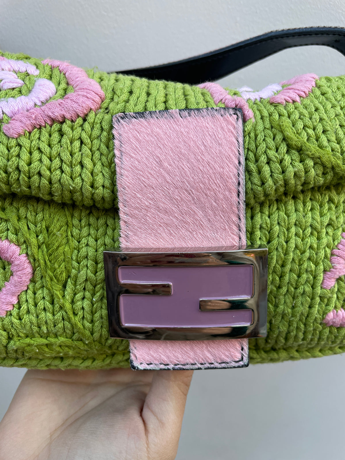 Fendi Y2K Green Wool Knit Pink Pony Hair Embroidered Baguette Shoulder Bag