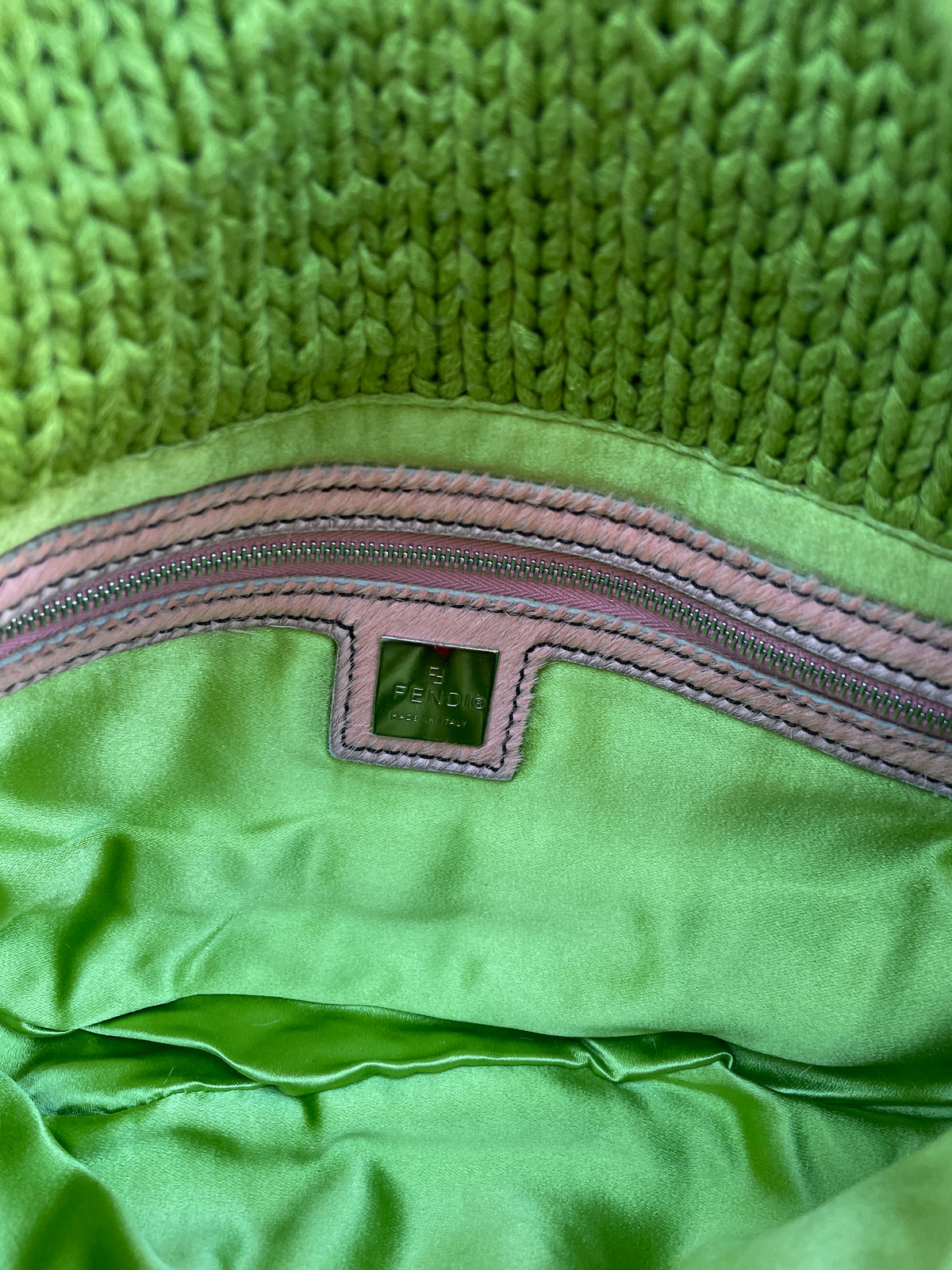 Fendi Y2K Green Wool Knit Pink Pony Hair Embroidered Baguette Shoulder Bag