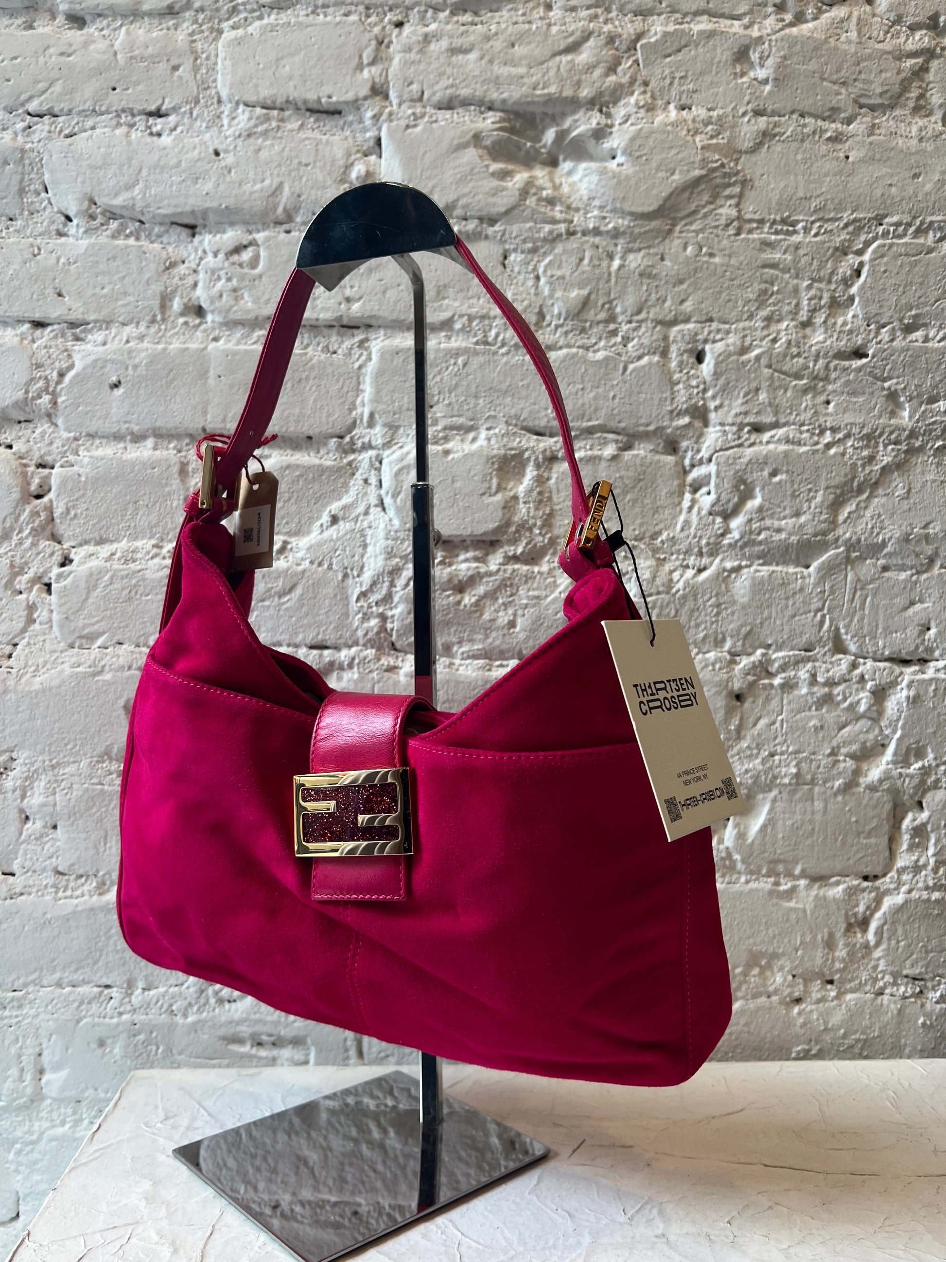 Fendi Baguette Shoulder Bag in Hot Pink Suede with Gold Hardware