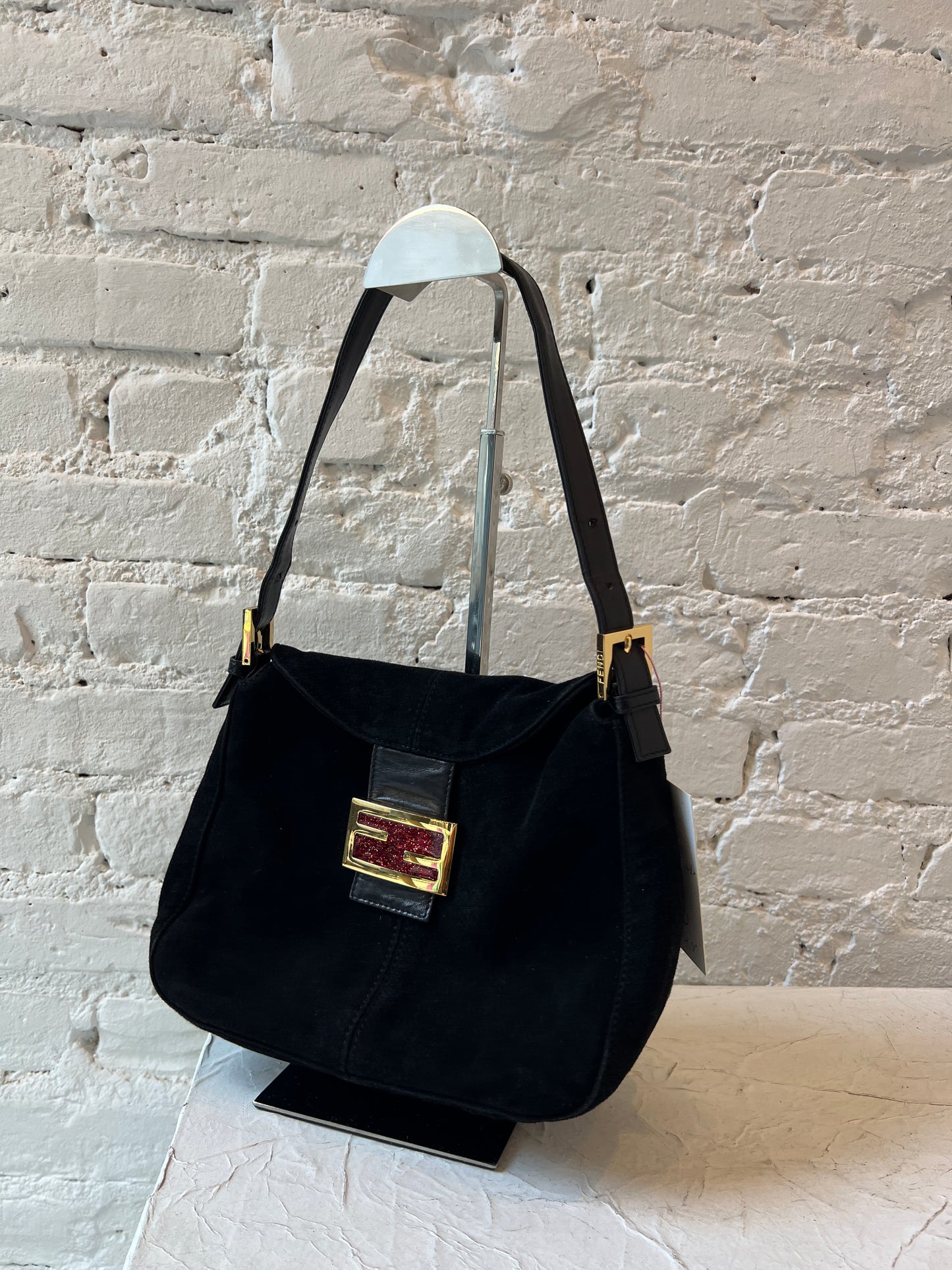 Fendi Black Suede Baguette Shoulder Bag with Red Lining