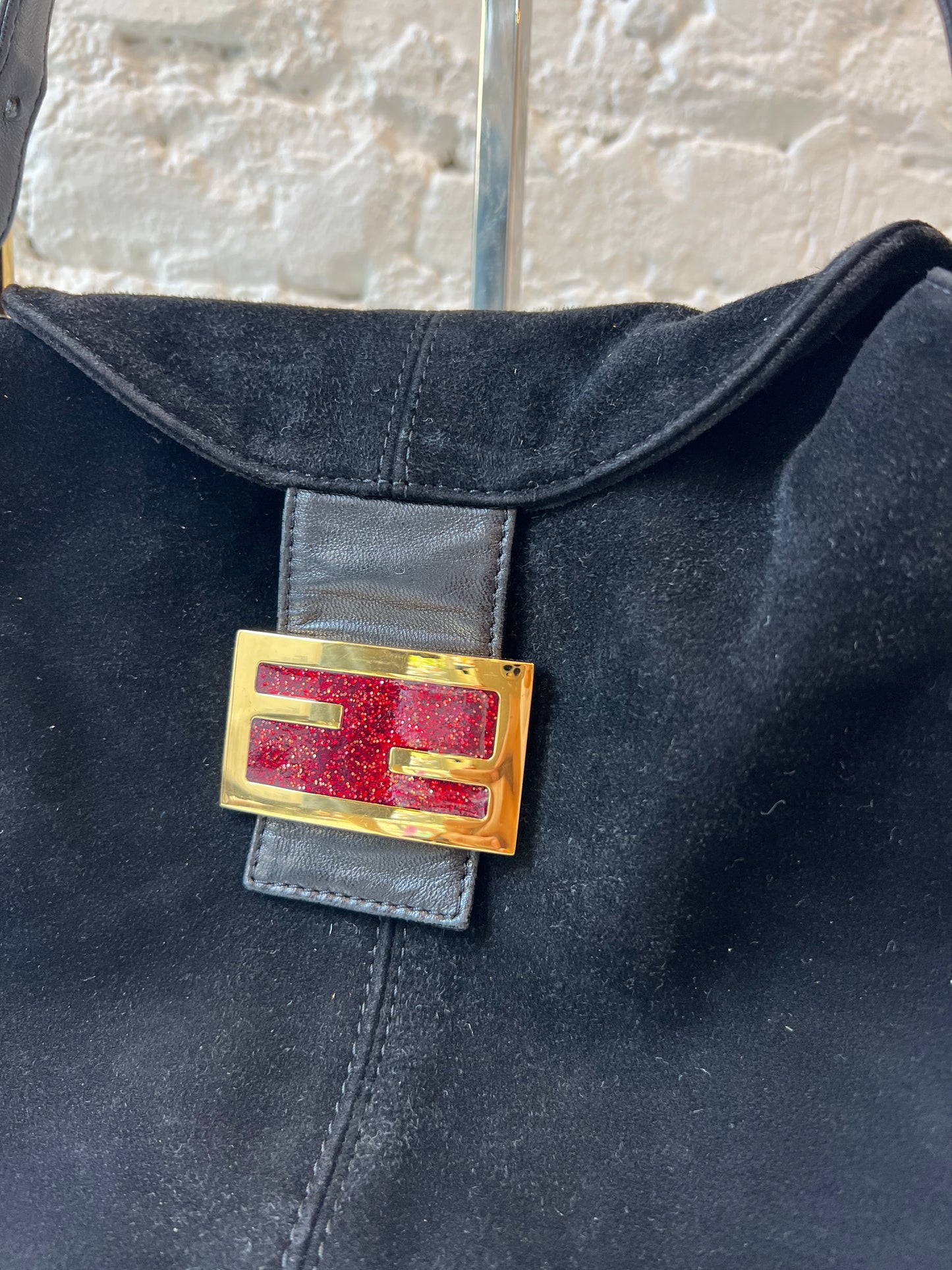 Fendi Black Suede Baguette Shoulder Bag with Red Lining