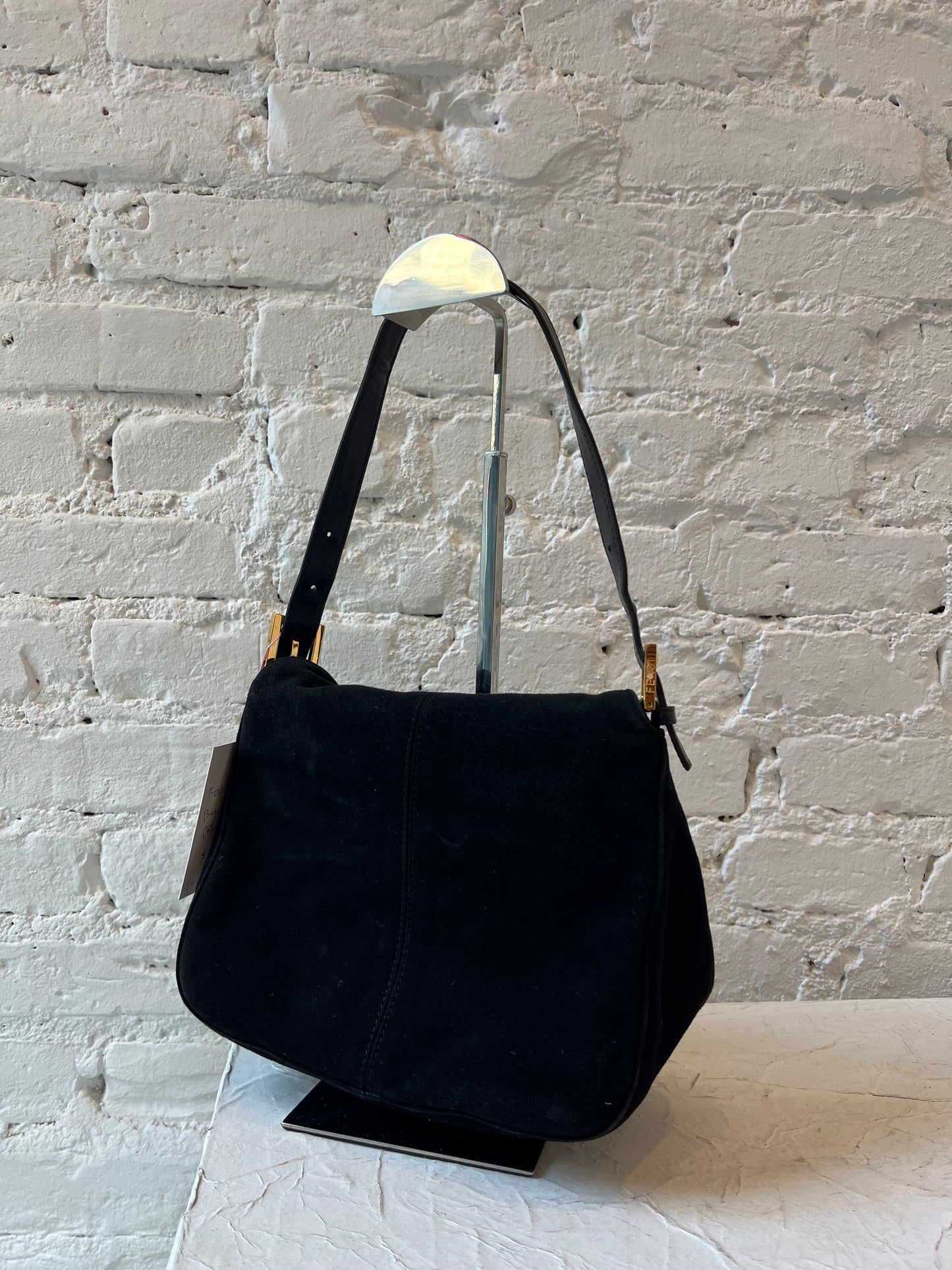 Fendi Black Suede Baguette Shoulder Bag with Red Lining