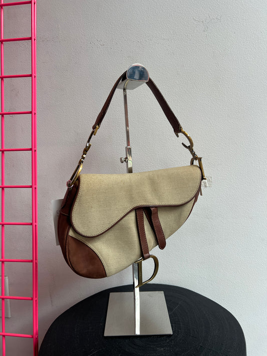 Christian Dior Vintage Saddle Bag – Cream Canvas with Brown Leather Trim