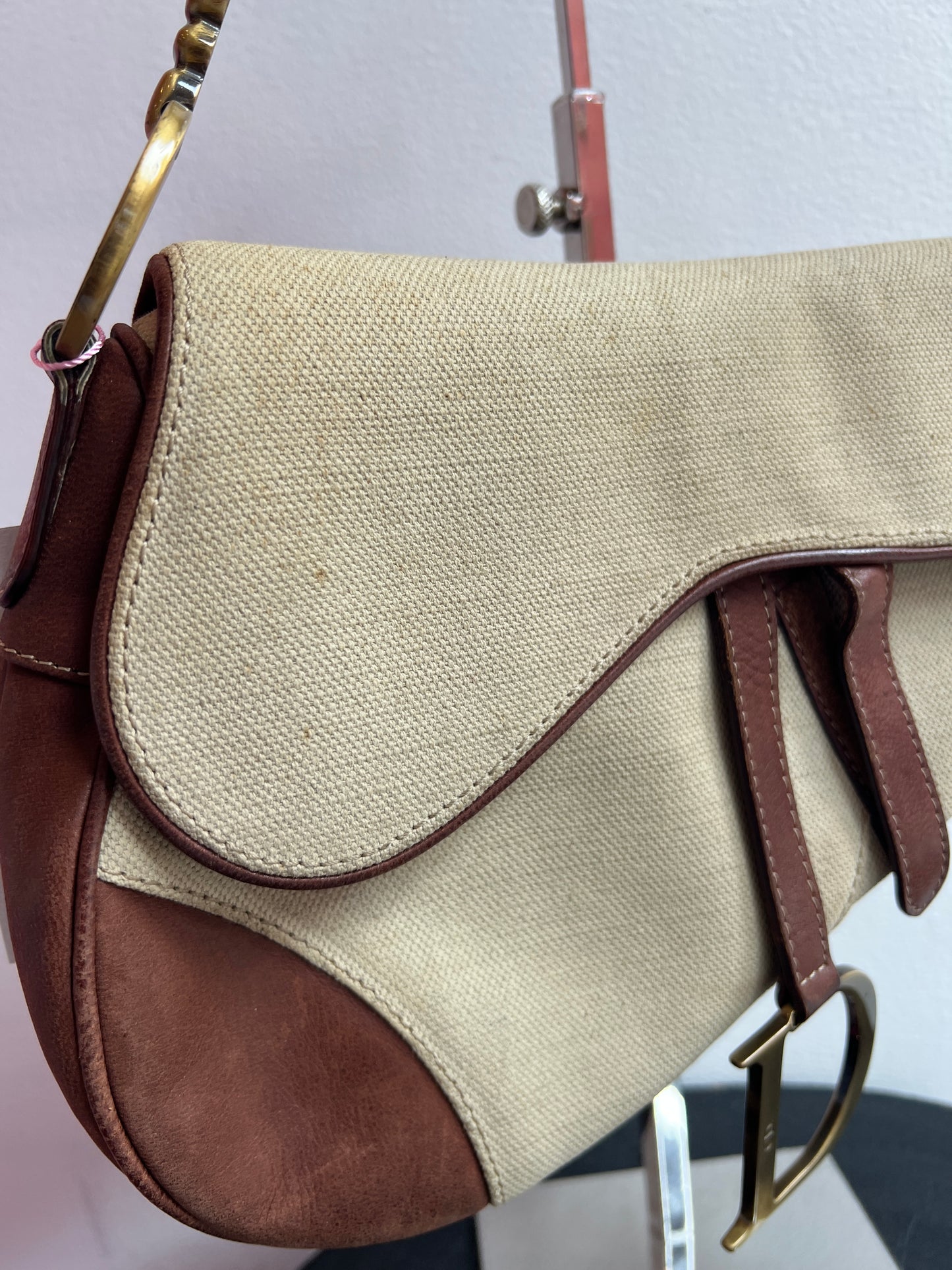 Christian Dior Vintage Saddle Bag – Cream Canvas with Brown Leather Trim
