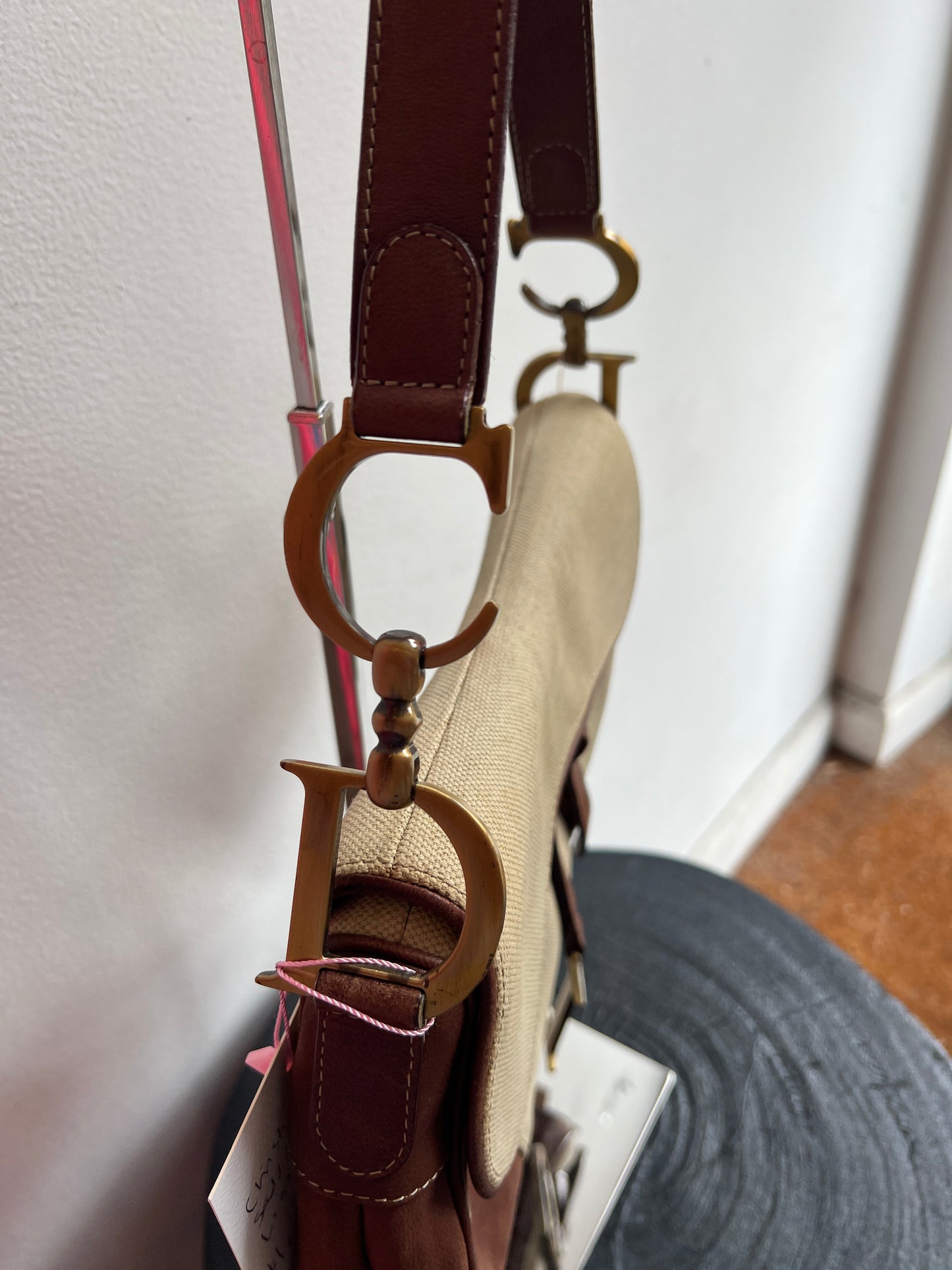 Christian Dior Vintage Saddle Bag – Cream Canvas with Brown Leather Trim