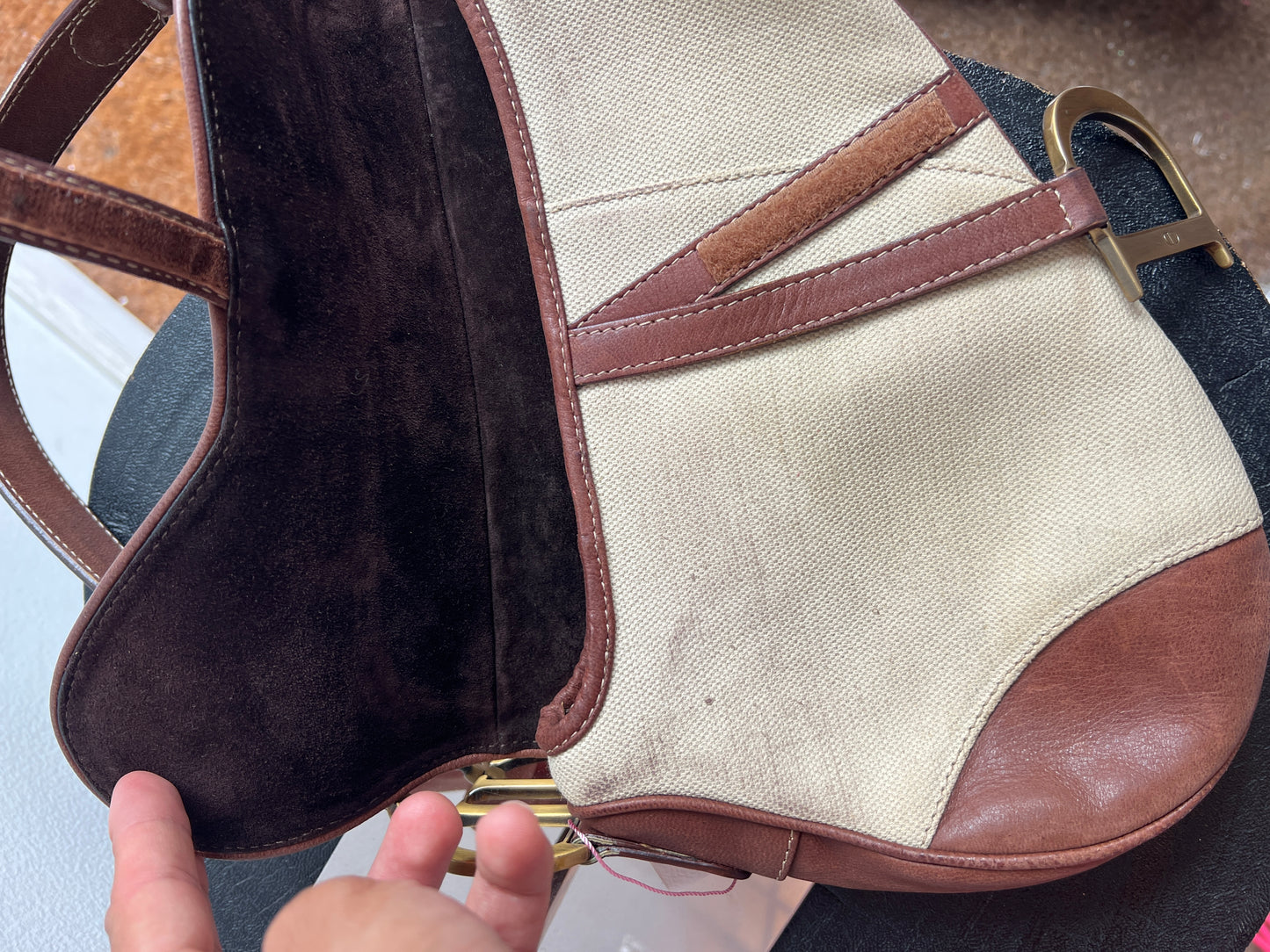 Christian Dior Vintage Saddle Bag – Cream Canvas with Brown Leather Trim