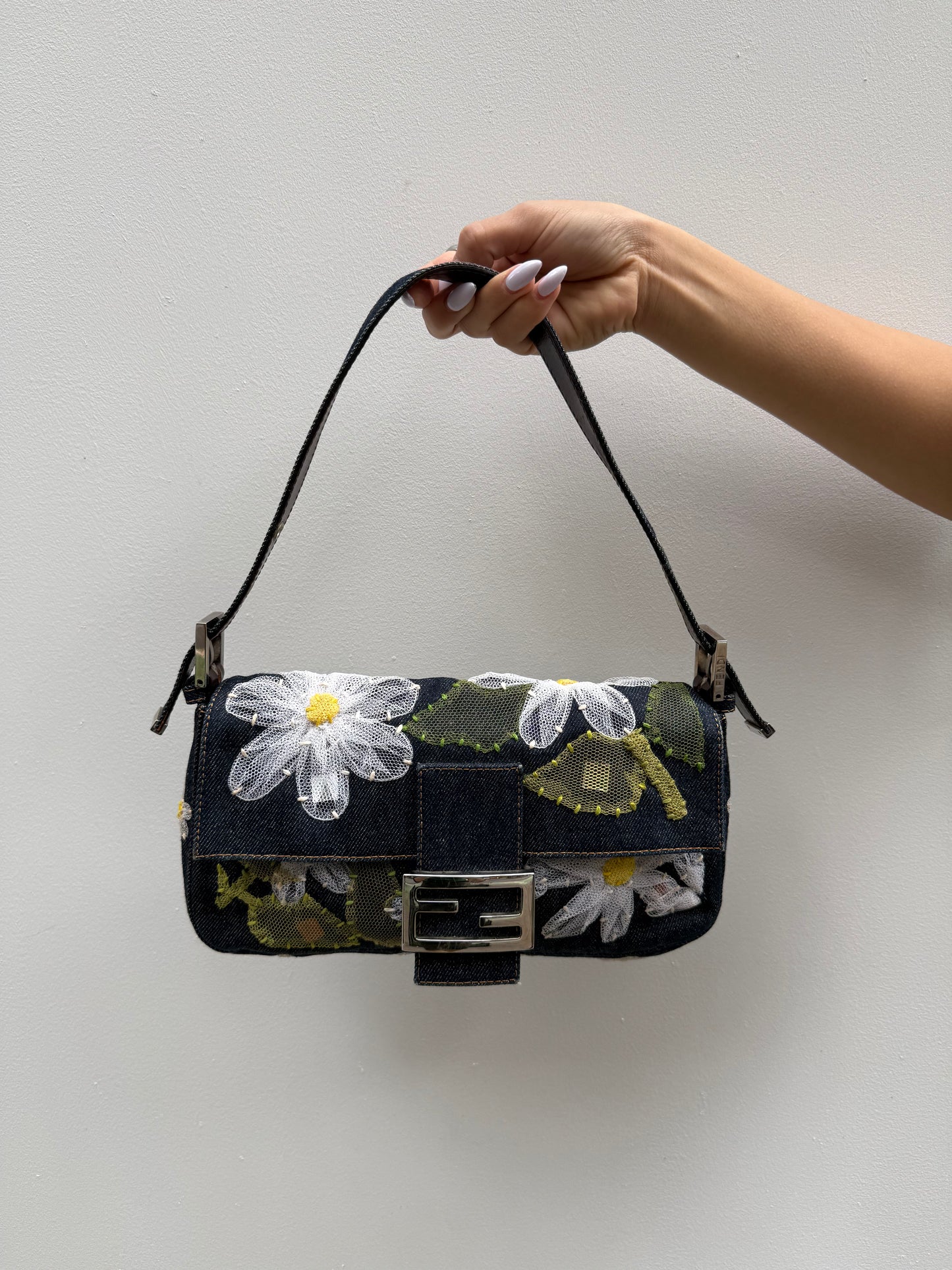 Fendi Y2K Denim Floral Embroidered Baguette Shoulder Bag