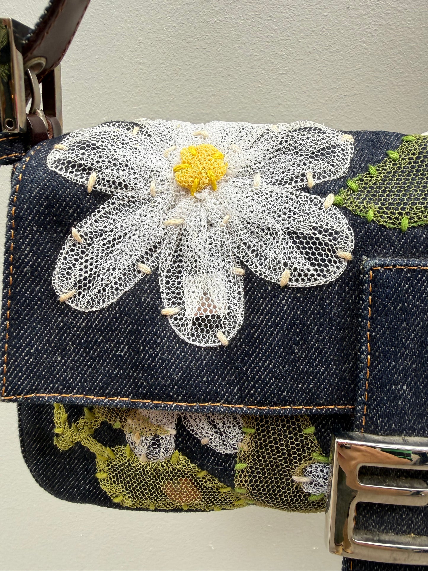 Fendi Y2K Denim Floral Embroidered Baguette Shoulder Bag