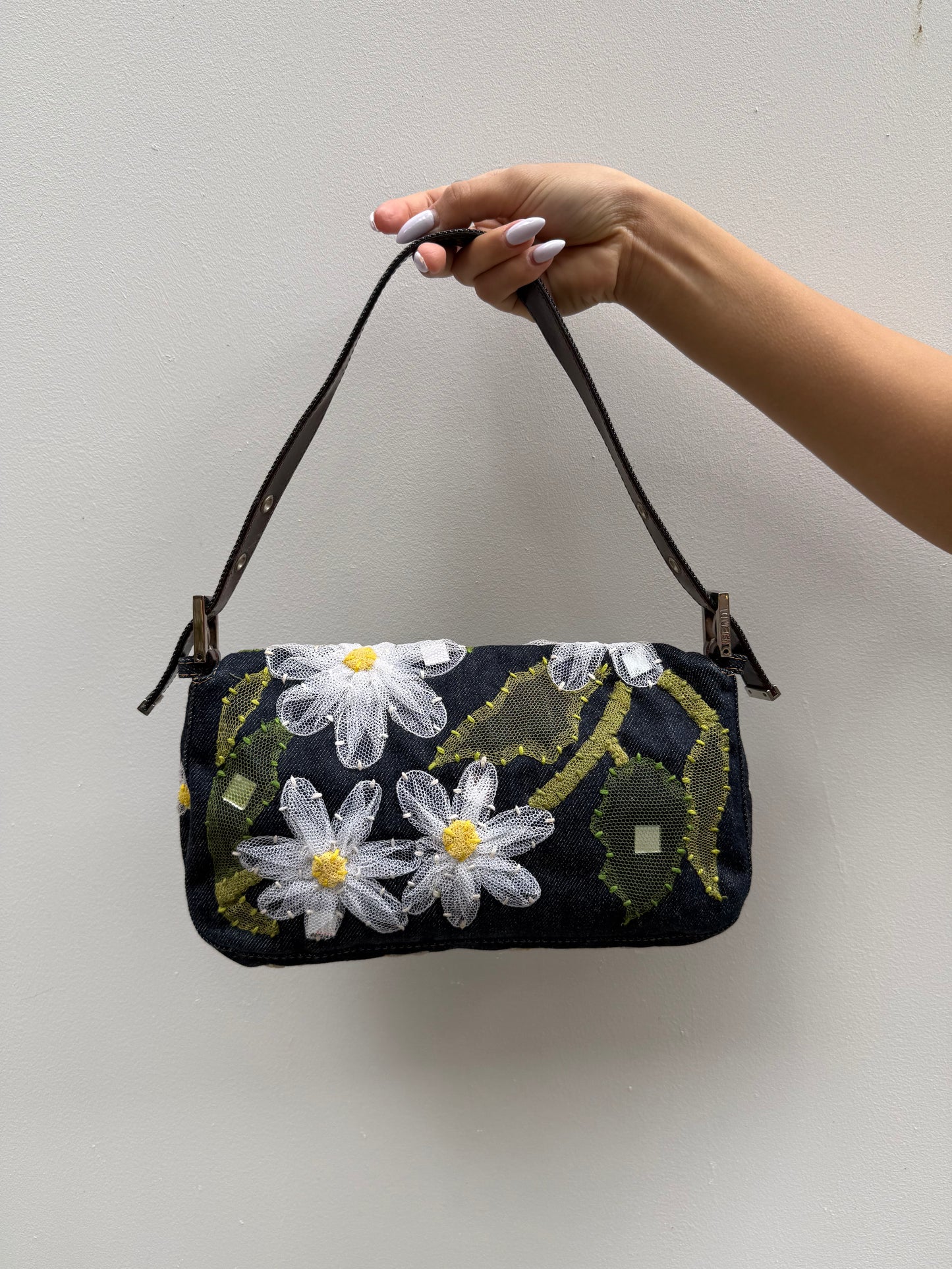 Fendi Y2K Denim Floral Embroidered Baguette Shoulder Bag