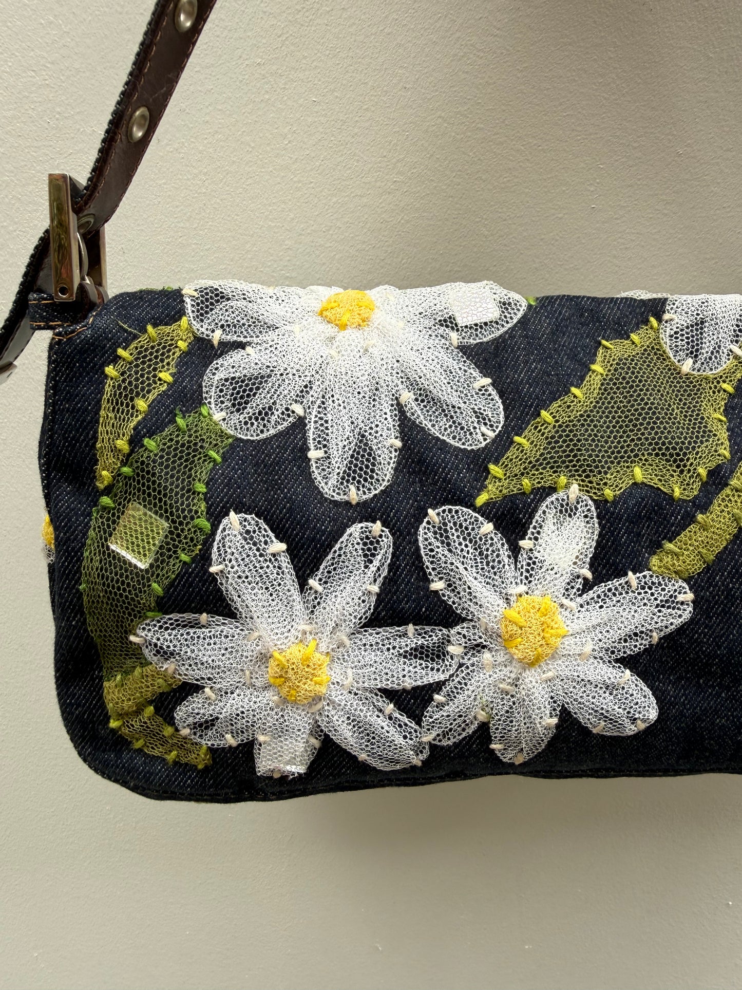Fendi Y2K Denim Floral Embroidered Baguette Shoulder Bag