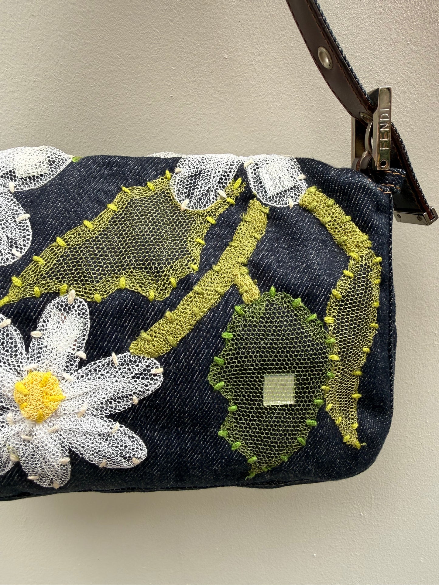 Fendi Y2K Denim Floral Embroidered Baguette Shoulder Bag