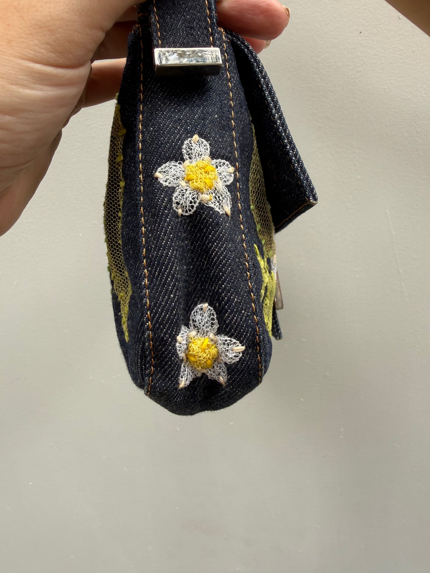 Fendi Y2K Denim Floral Embroidered Baguette Shoulder Bag
