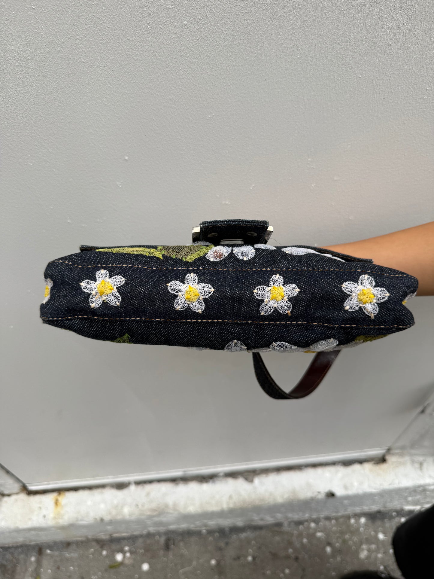 Fendi Y2K Denim Floral Embroidered Baguette Shoulder Bag