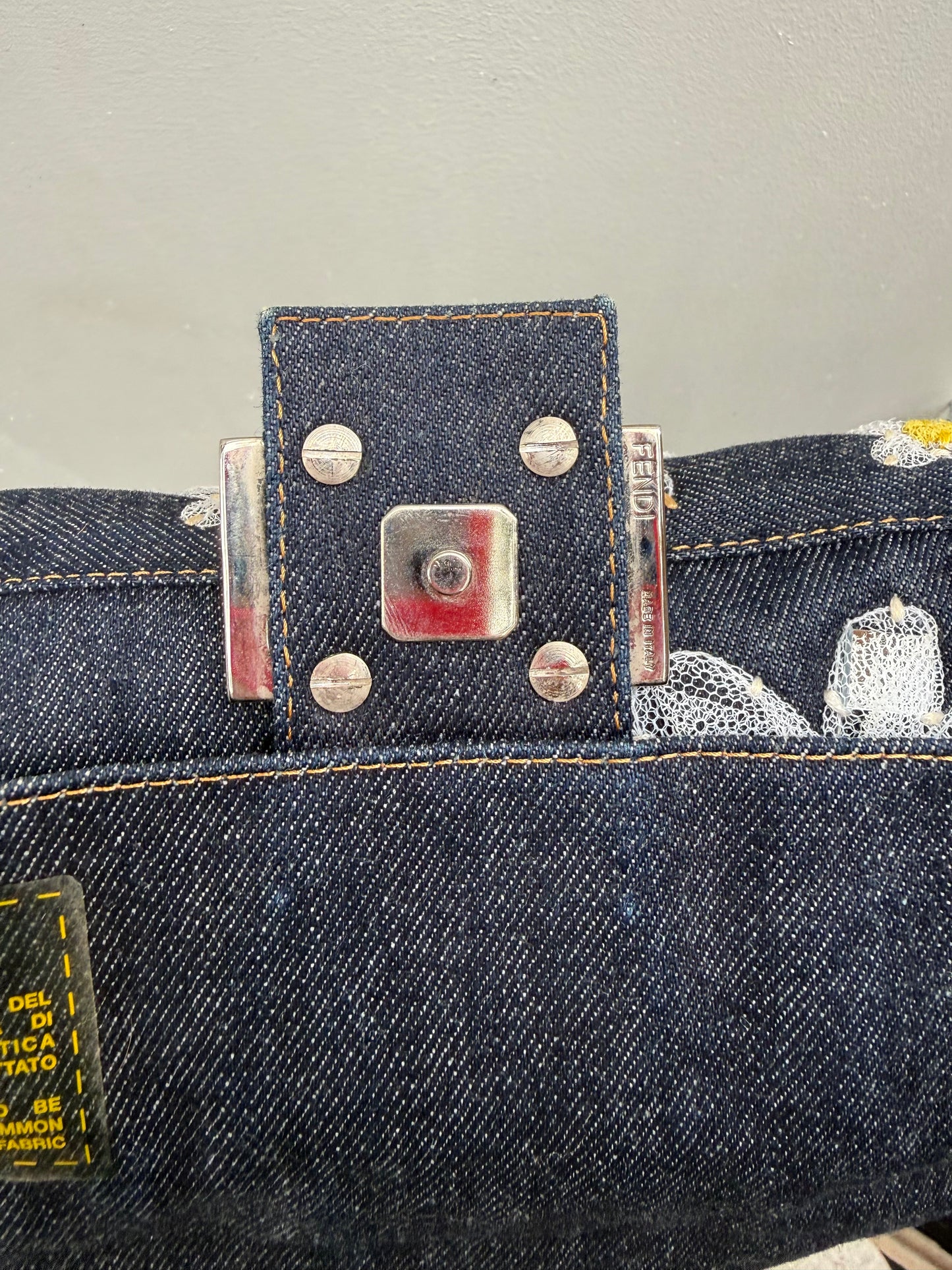 Fendi Y2K Denim Floral Embroidered Baguette Shoulder Bag