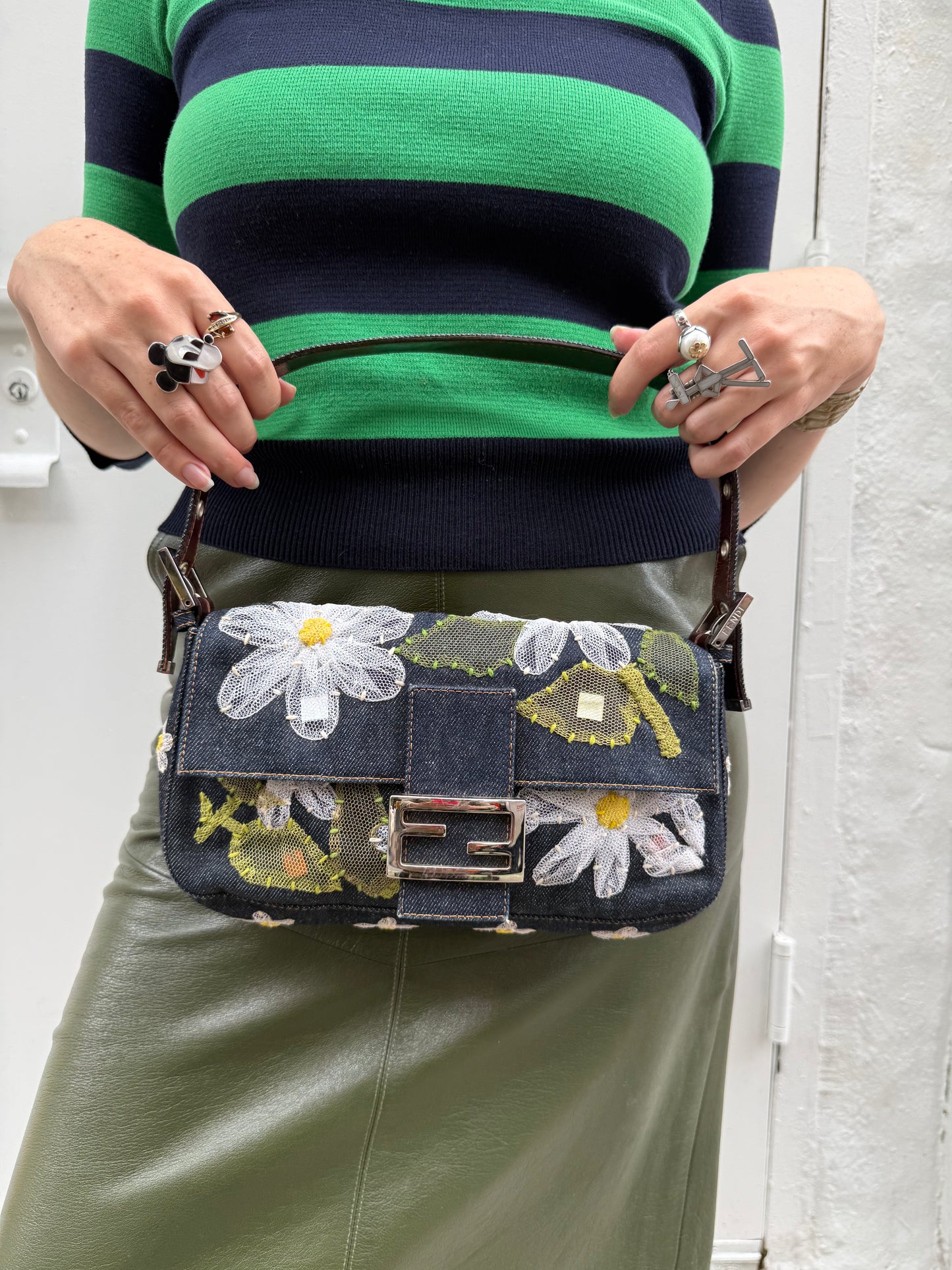 Fendi Y2K Denim Floral Embroidered Baguette Shoulder Bag