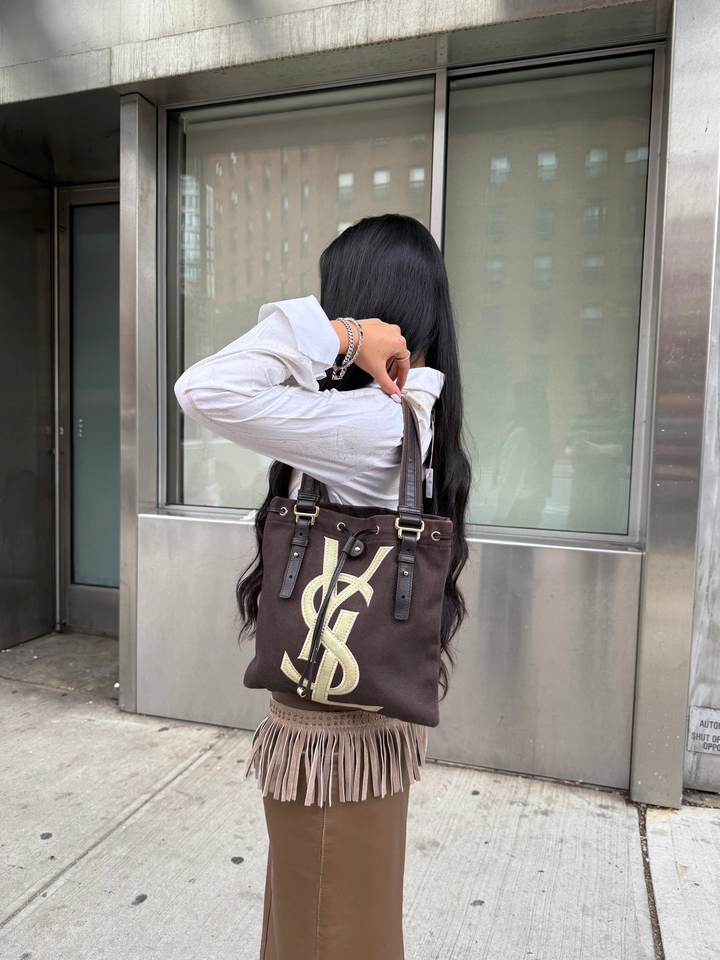 Yves Saint Laurent Y2K Rive Gauche Brown Mini Tote Bag with Green Logo
