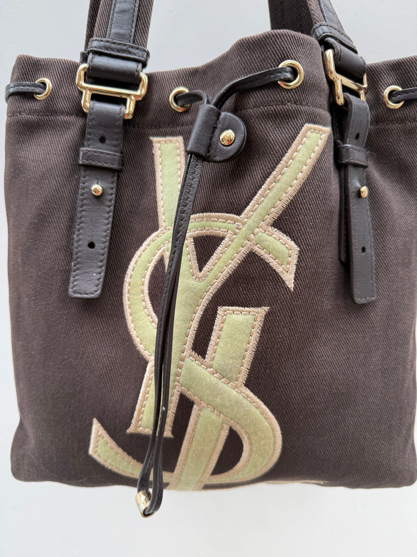 Yves Saint Laurent Y2K Rive Gauche Brown Mini Tote Bag with Green Logo
