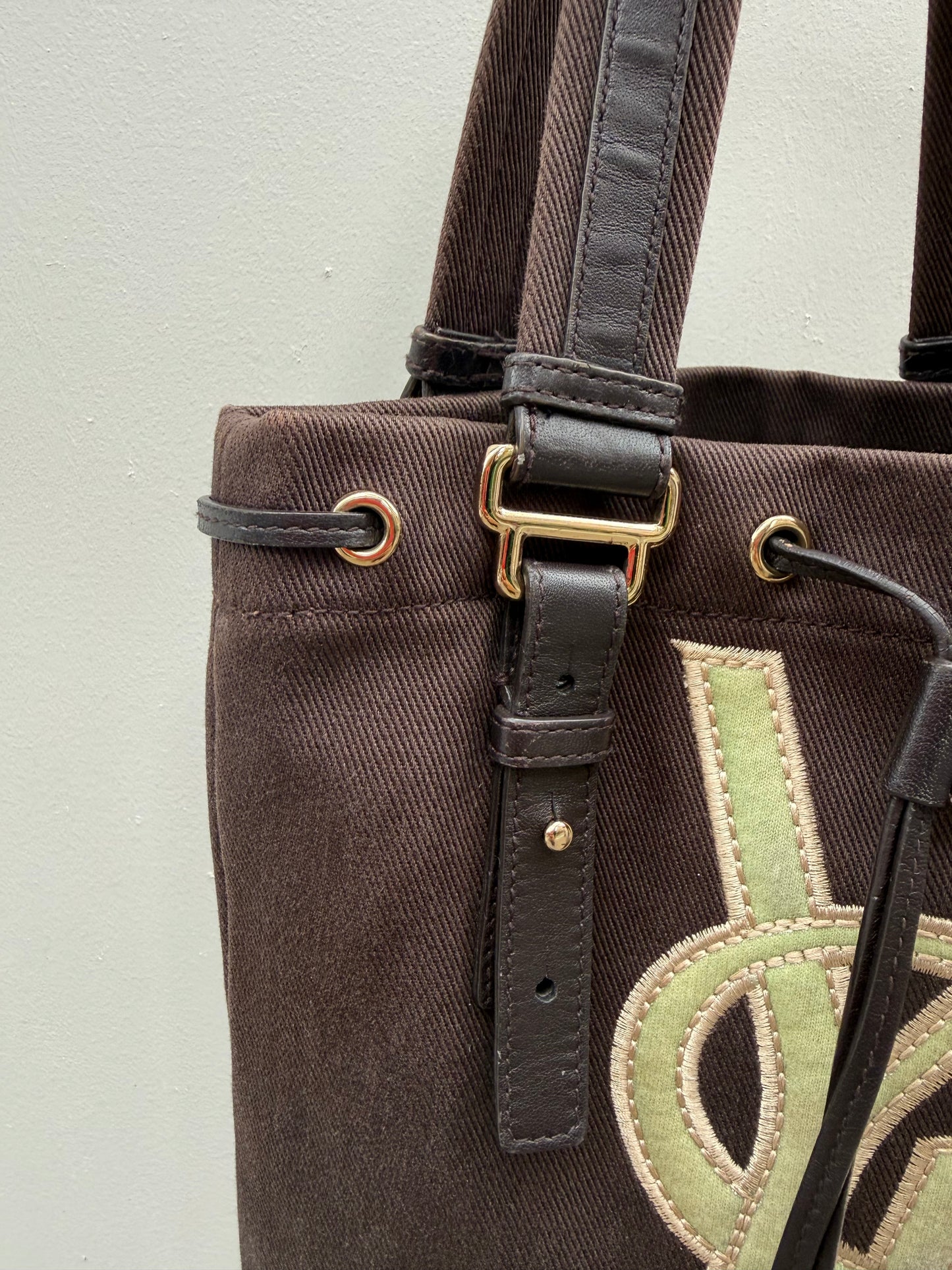 Yves Saint Laurent Y2K Rive Gauche Brown Mini Tote Bag with Green Logo