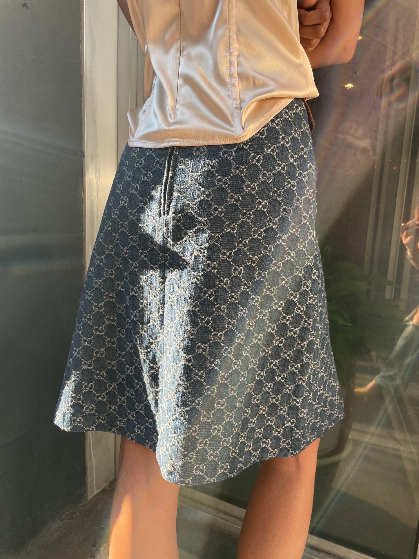Gucci Monogram Denim Skirt with Brown Leather Pocket Accents