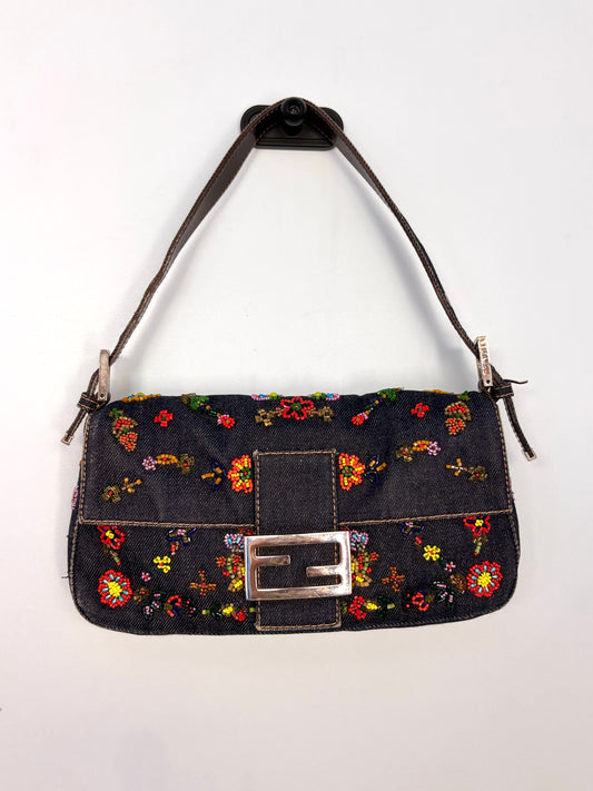 Fendi Denim Baguette 2000 Ricami Beaded Flowers Shoulder Bag