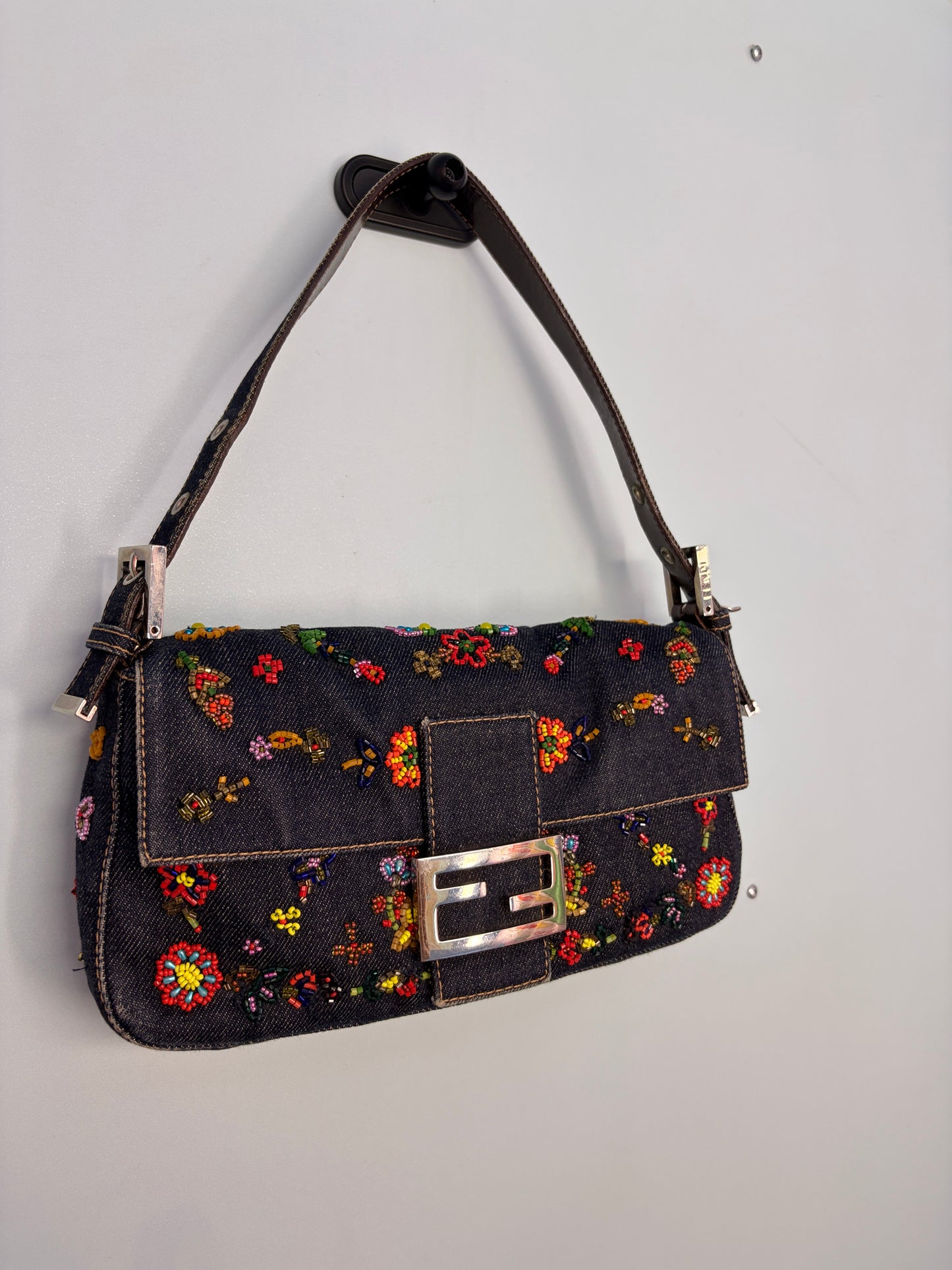Fendi Denim Baguette 2000 Ricami Beaded Flowers Shoulder Bag