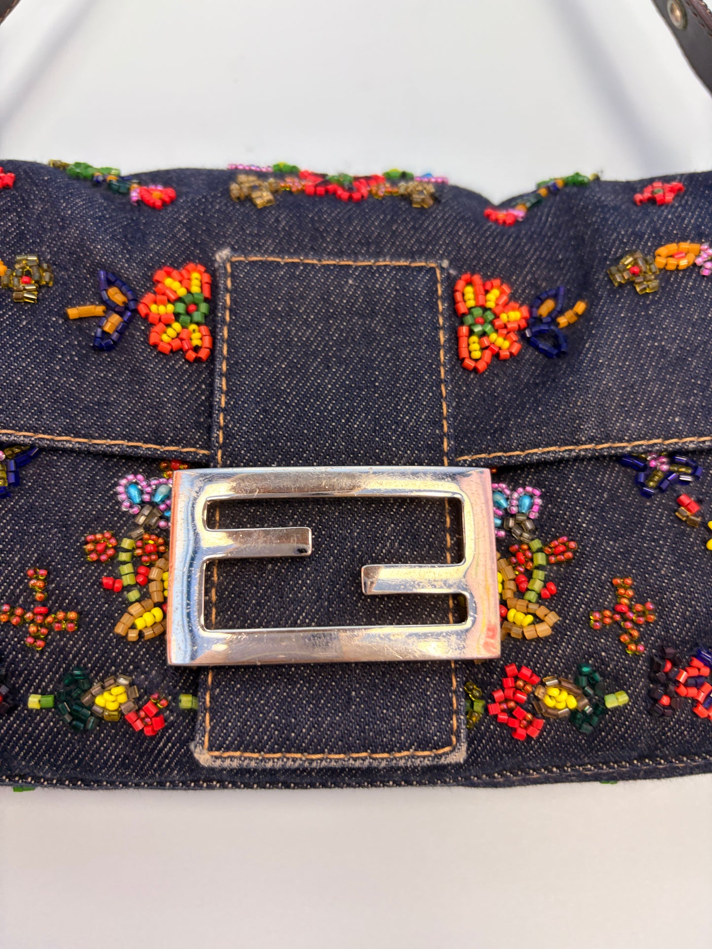 Fendi Denim Baguette 2000 Ricami Beaded Flowers Shoulder Bag