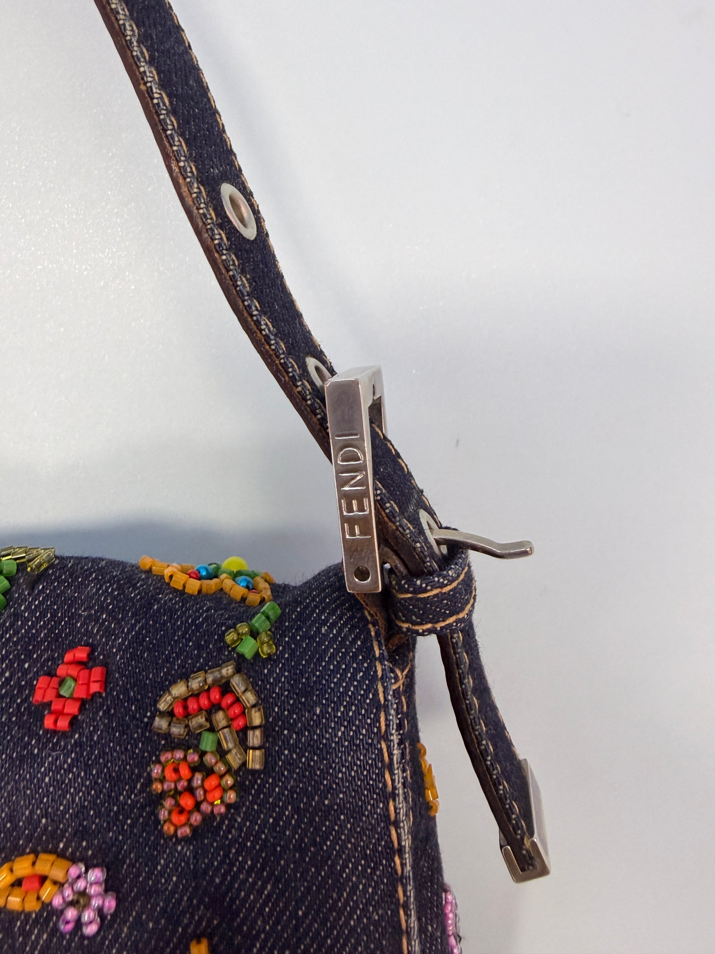 Fendi Denim Baguette 2000 Ricami Beaded Flowers Shoulder Bag