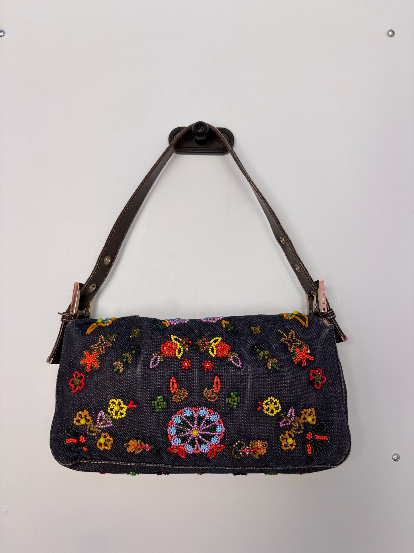Fendi Denim Baguette 2000 Ricami Beaded Flowers Shoulder Bag