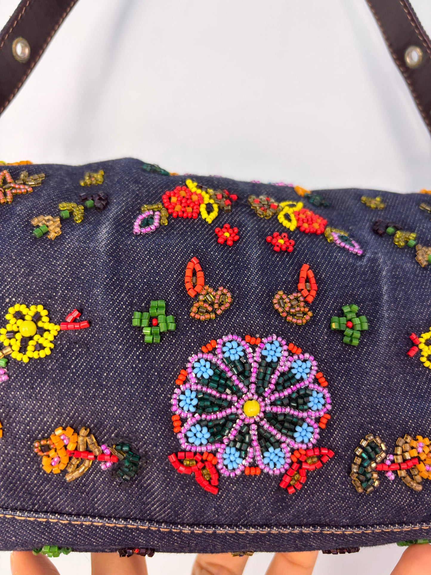 Fendi Denim Baguette 2000 Ricami Beaded Flowers Shoulder Bag