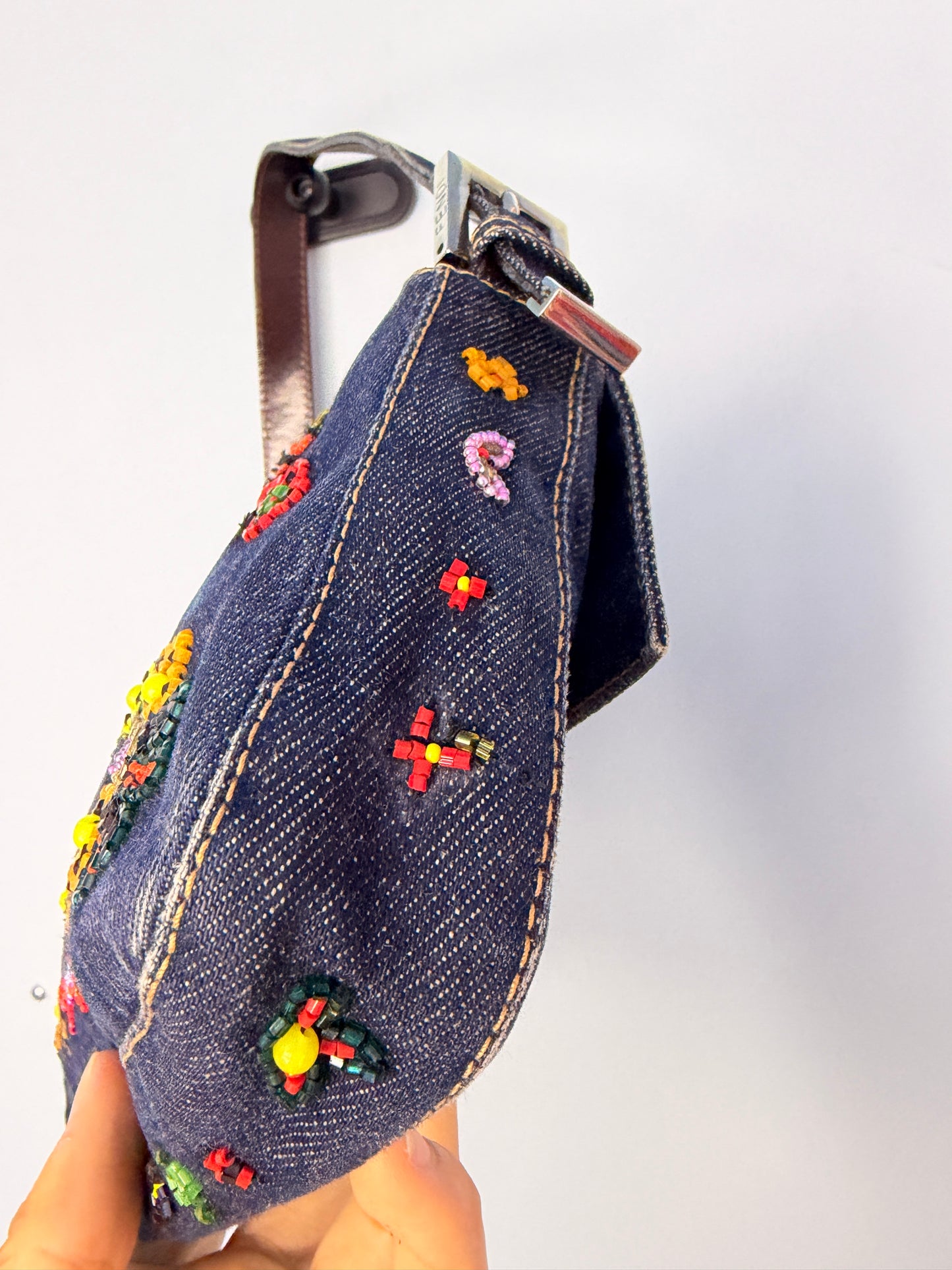 Fendi Denim Baguette 2000 Ricami Beaded Flowers Shoulder Bag