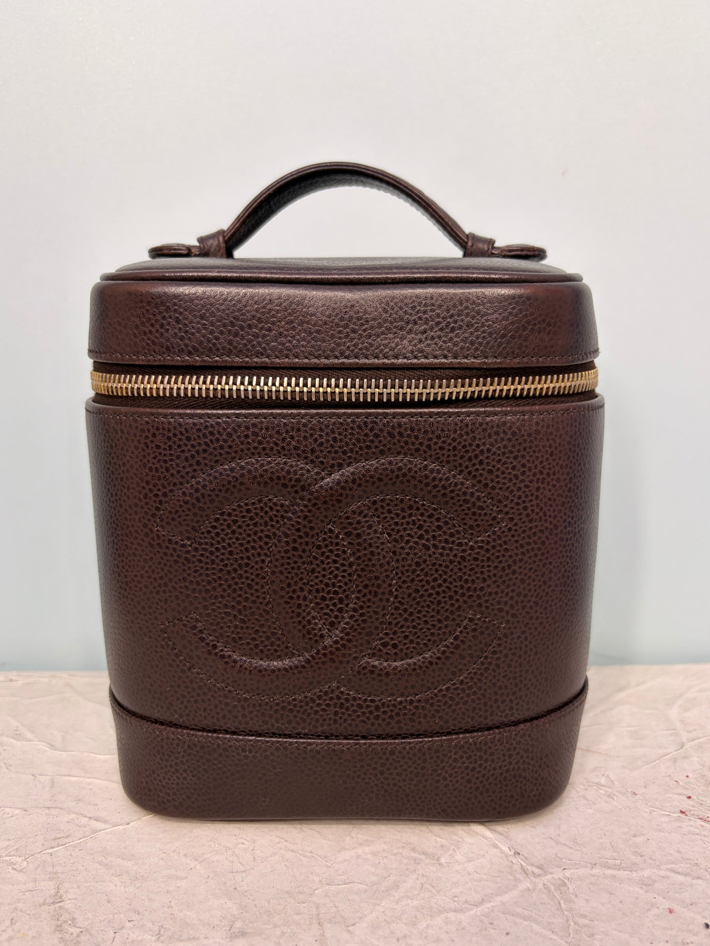 Vintage Chanel Vanity Top Handle Pouch in Dark Brown Caviar Leather