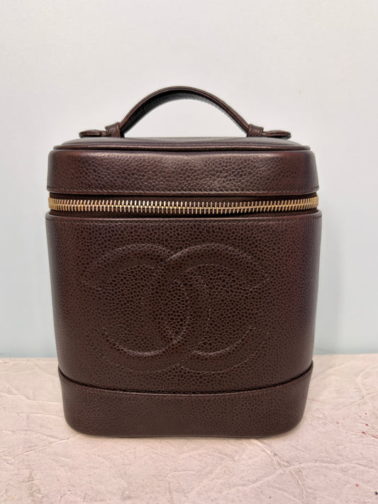 Vintage Chanel Vanity Top Handle Pouch in Dark Brown Caviar Leather