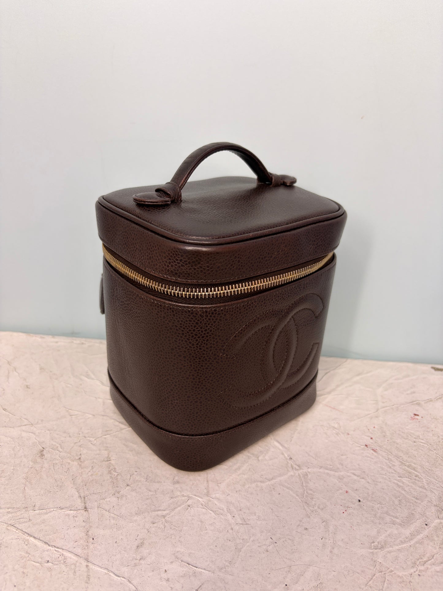 Vintage Chanel Vanity Top Handle Pouch in Dark Brown Caviar Leather