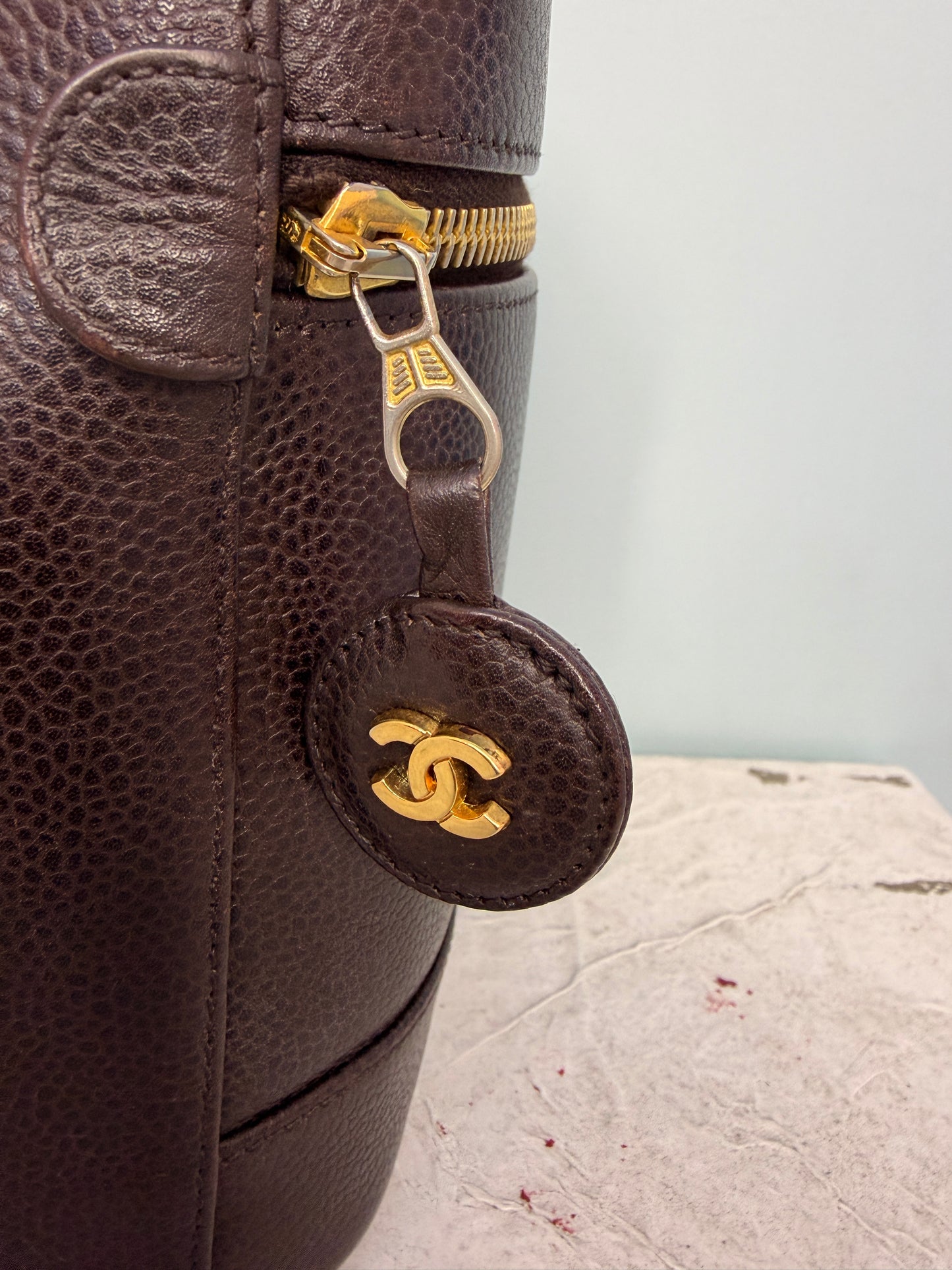 Vintage Chanel Vanity Top Handle Pouch in Dark Brown Caviar Leather