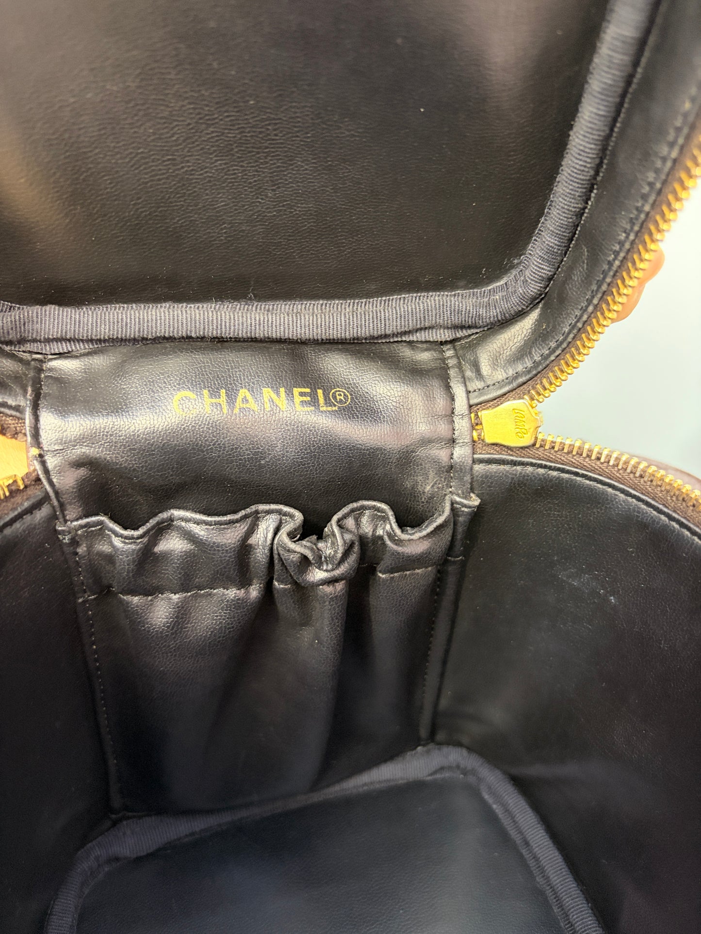 Vintage Chanel Vanity Top Handle Pouch in Dark Brown Caviar Leather