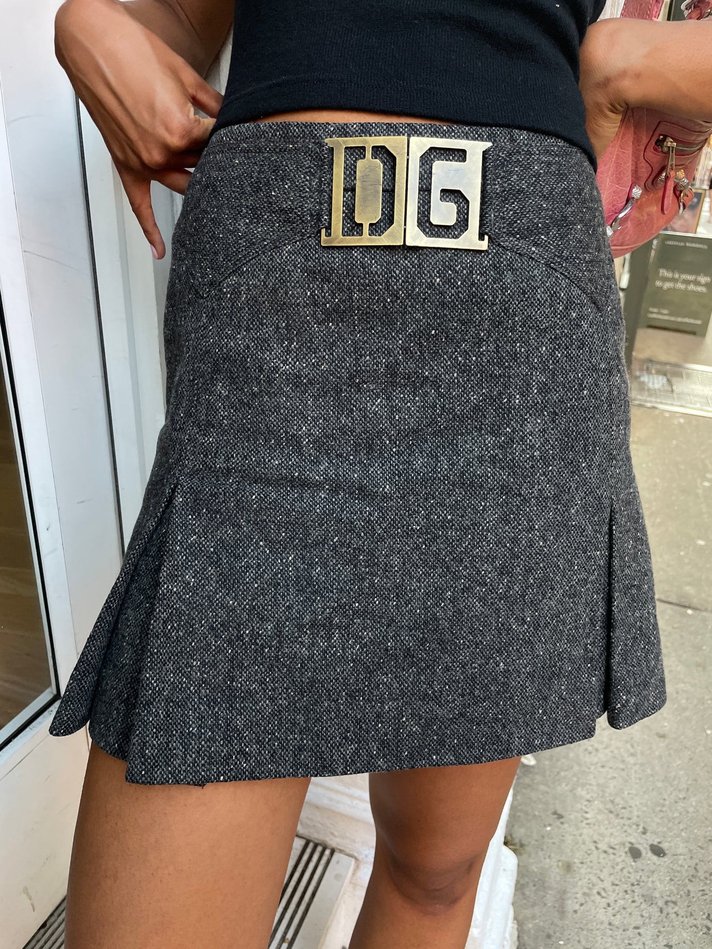 Dolce & Gabbana Gray Wool Skirt with Gold Buckle & Leopard Lining