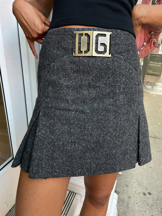 Dolce & Gabbana Gray Wool Skirt with Gold Buckle & Leopard Lining
