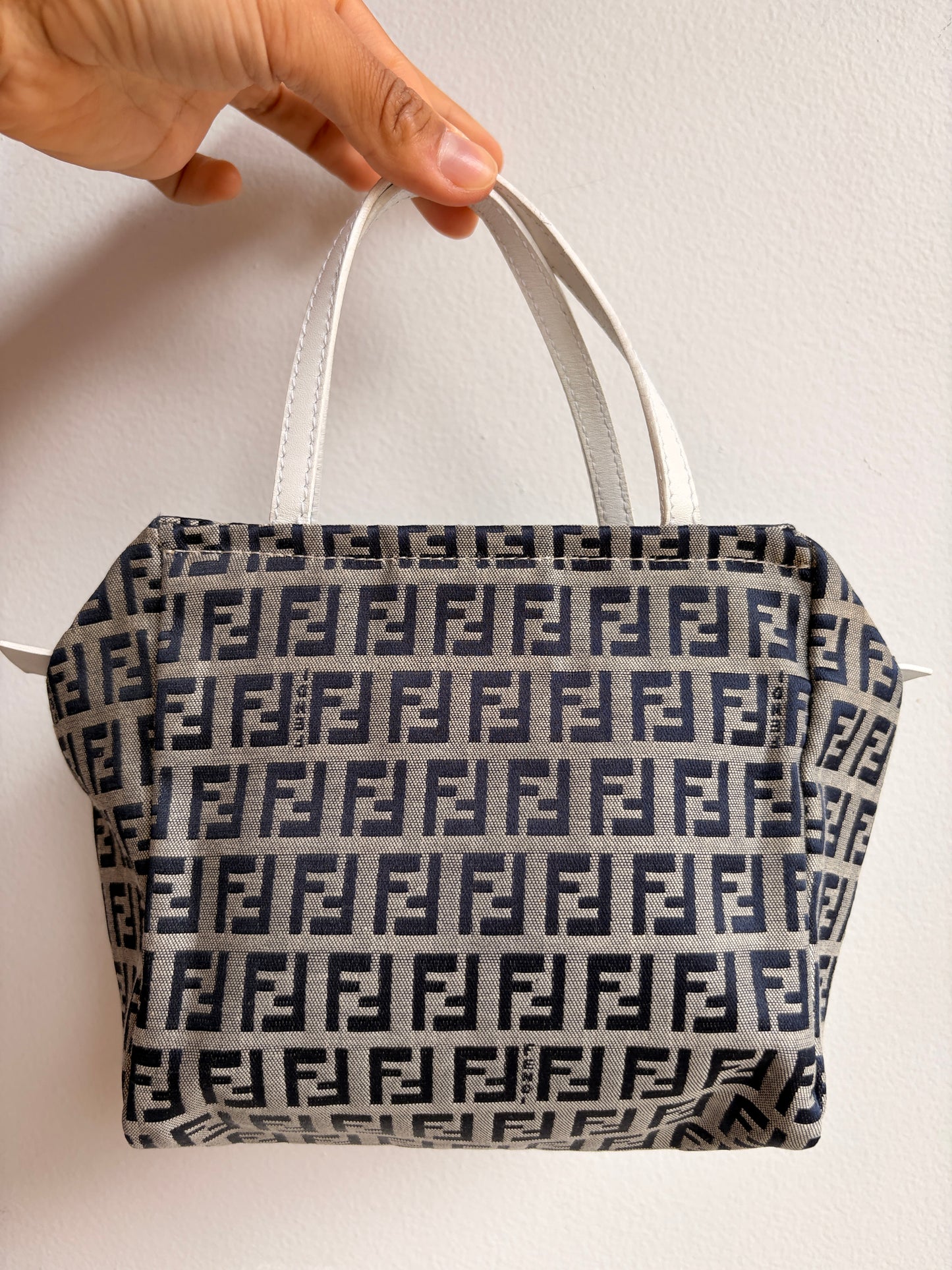 Fendi Zucchino Mini Bag in Navy with White Leather Trim